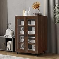 ELECWISH 4-Tier Media Storage Cabinet with Adjustable Shelves & Tempered Glass Doors - AV Stereo Rack for Living Room, Brown