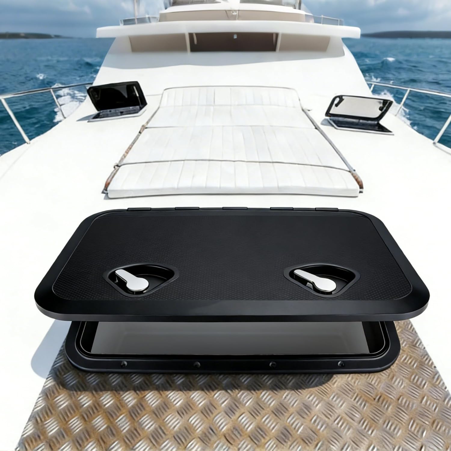 Marine Boat Hatch Deck Cover White/Black Rectangle Boat Hatch & Lid with 316 Stainless Steel Handle for Bass Fishing Yacht Waterproof Sailboat