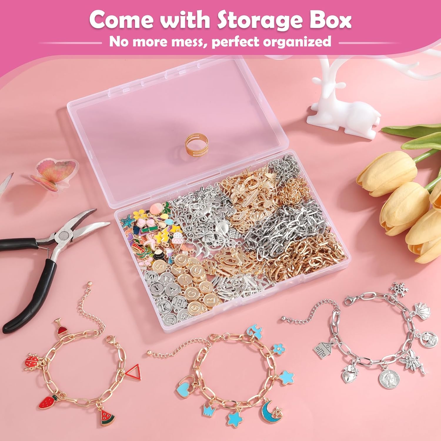 Charm Bracelet Making Kit for Adults & Teens, 477Pcs DIY Charm Bracelet Set with Gold & Silver Charms, Paperclip Chain Bracelets, Alphabet Charms, Complete Jewelry Making Supplies for Crafting - Image 6