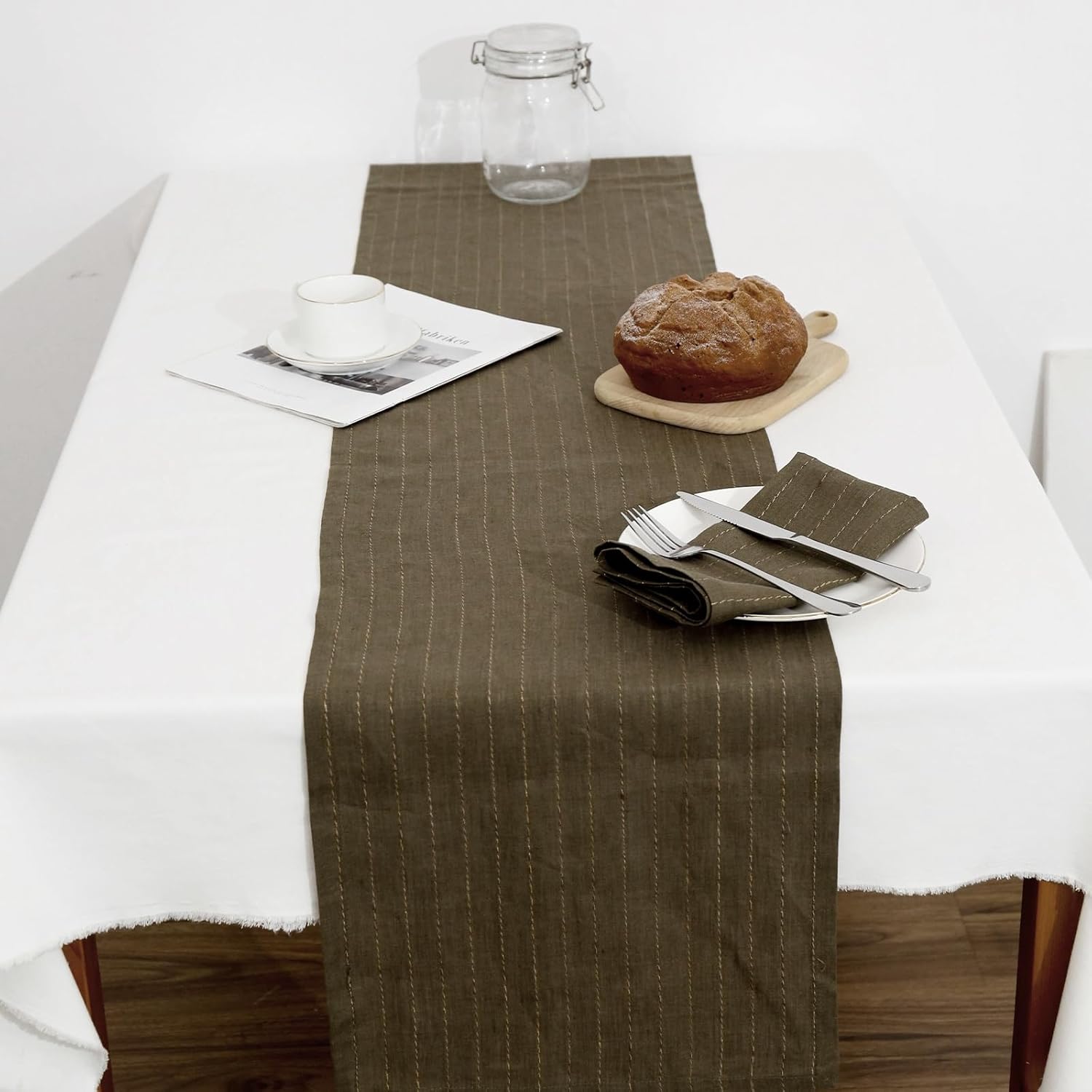 100% Pure Linen Table Runner 108 Inches Long-Green French Stripe 14 x 108 Inch Table Runner, Dining Table Runner for Wedding, Parties, Everyday, Holidays (14"×108", Green)