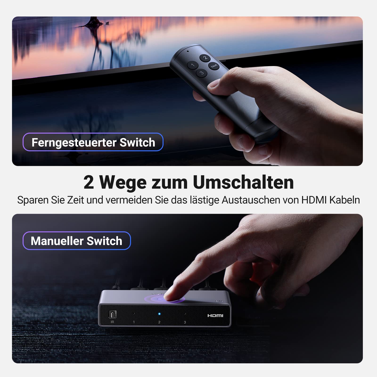 UGREEN HDMI 2.1 Switch 8K@60Hz HDMI Splitter 3 In 1 Out HDMI Umschaltpulte Unterstützt VRR & ALLM, Dolby Vision, Kompatibel mit PS5, Xbox, Apple TV, DVD Spieler