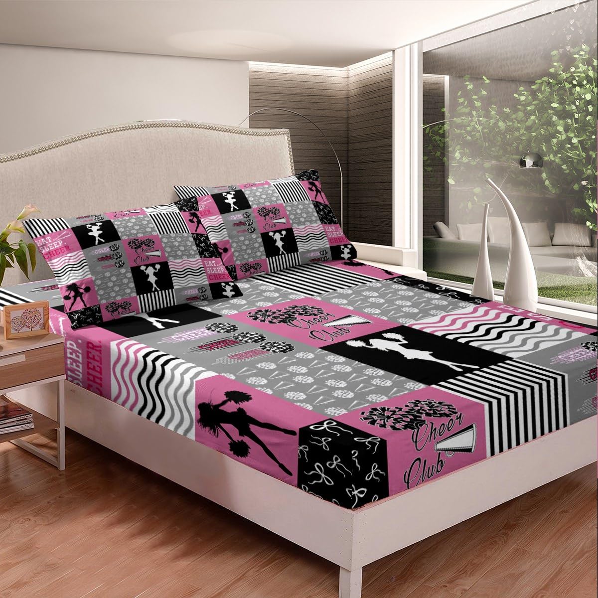 jejeloiu Cheerleading Bed Sheets Set Full Size for Kids Teens Girls Woman Gymnastics Lovers Fitted Sheet Cheerleading Gift Ideas Bedding Set Gymnast Cheer Sport Bed Cover Room Decor