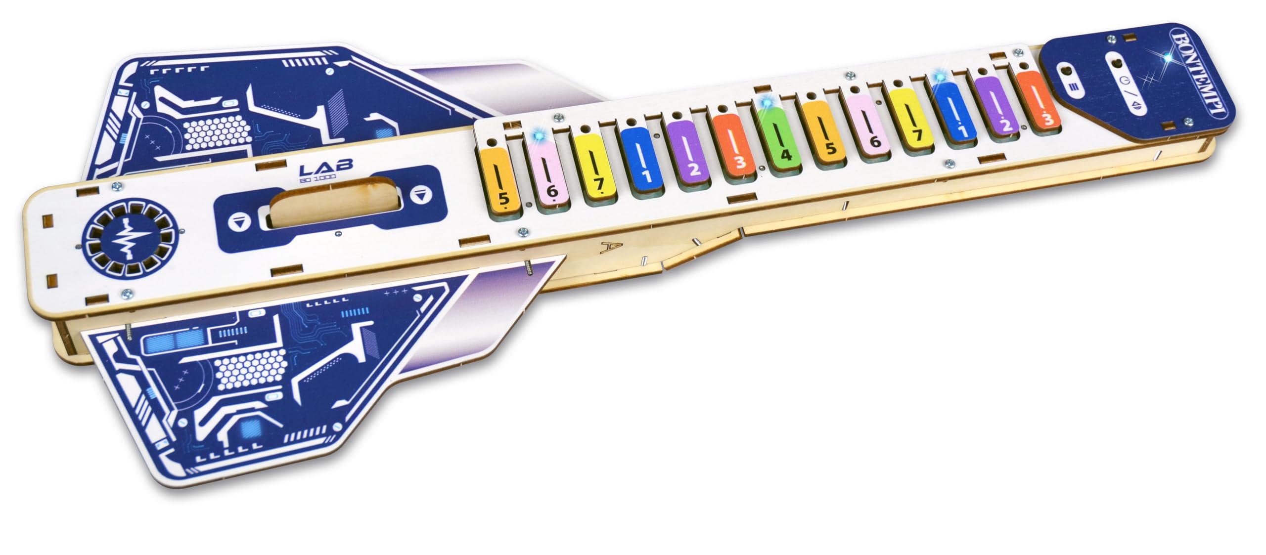 BONTEMPI - Kit di Montaggio Chitarra Elettronica con Componenti in Legno, Unità di Controllo Elettronica, Altoparlanti, 20 Brani Pre-Registrati, 5 Suoni, Volume Regolabile 165x415x50 mm