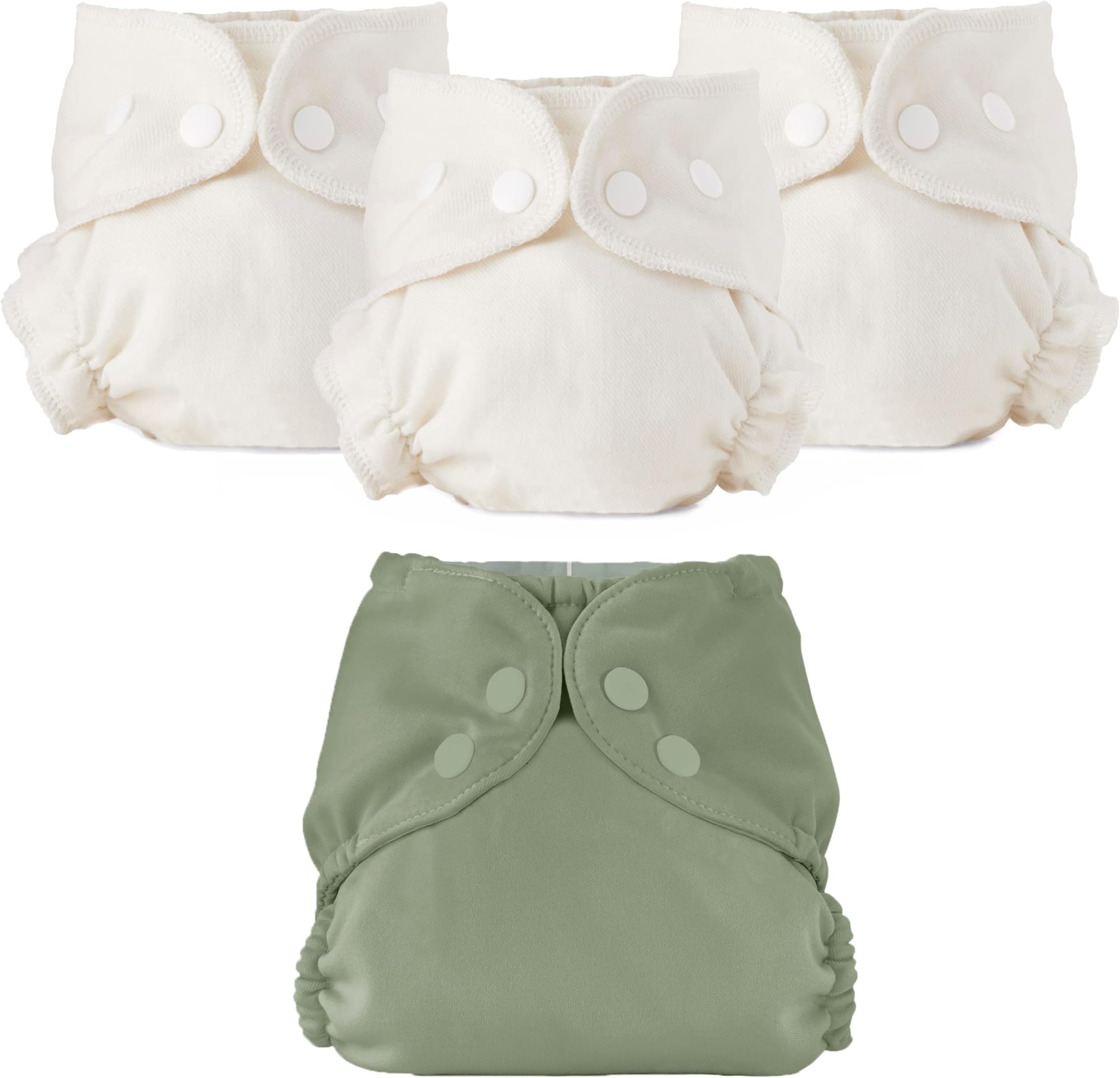 Esembly Cloth Diaper Bundle Set, 3 Organic Absorbent Inners and 1 Waterproof Recycled Diaper Cover, Reusable Washable Diapers with Snap Closure, Size 2 (18-35lbs), Aloe