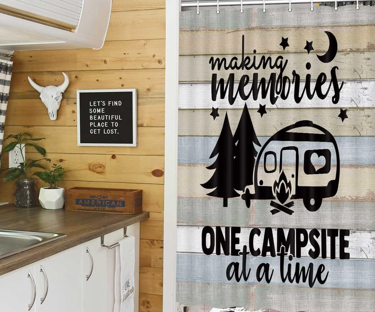JAWO Camper Shower Curtain for Travel Trailers Rustic Wood Farmhouse Camping Fabric Shower Curtain Small Size Rv Curtains Happy Camper Bathroom Set with Hooks Included (47" W X 64" H)