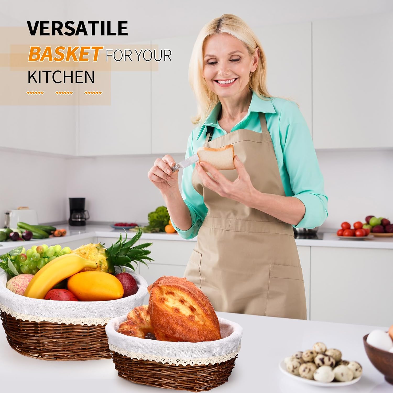 2 Set 11" 12" Easter Wicker Bread Basket for Serving Large Bread Serving Basket Woven with Cover Removable Liner Tong for Fruit Food Storage Picnic(Coffee with White Liner Cover)