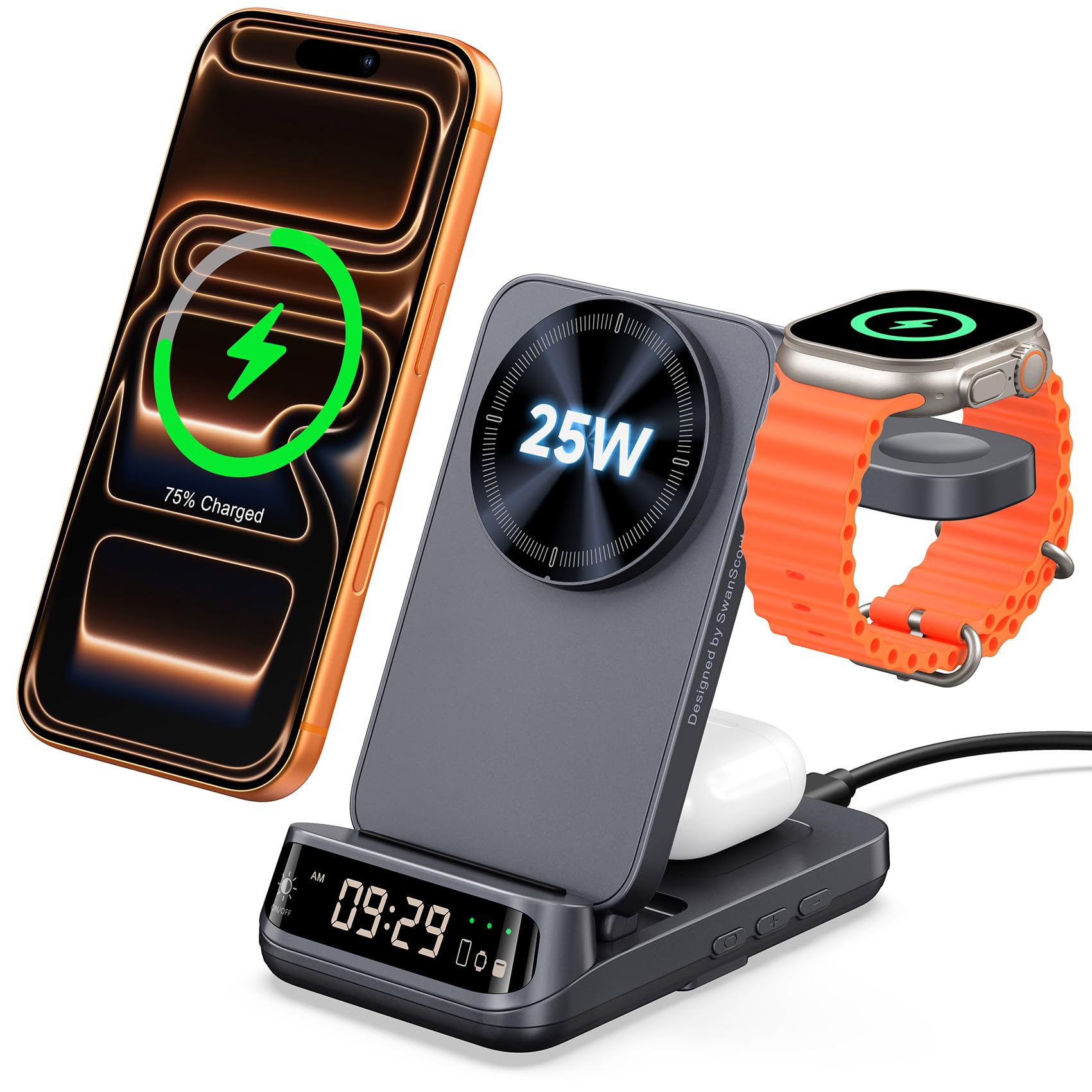 Supporto caricabatterie wireless 3 in 1 da 25 W, compatibile con MagSafe, stazione di ricarica magnetica da viaggio pieghevole con orologio per iPhone 17/16/15, Apple Watch, Air Pods, SwanScout 708M