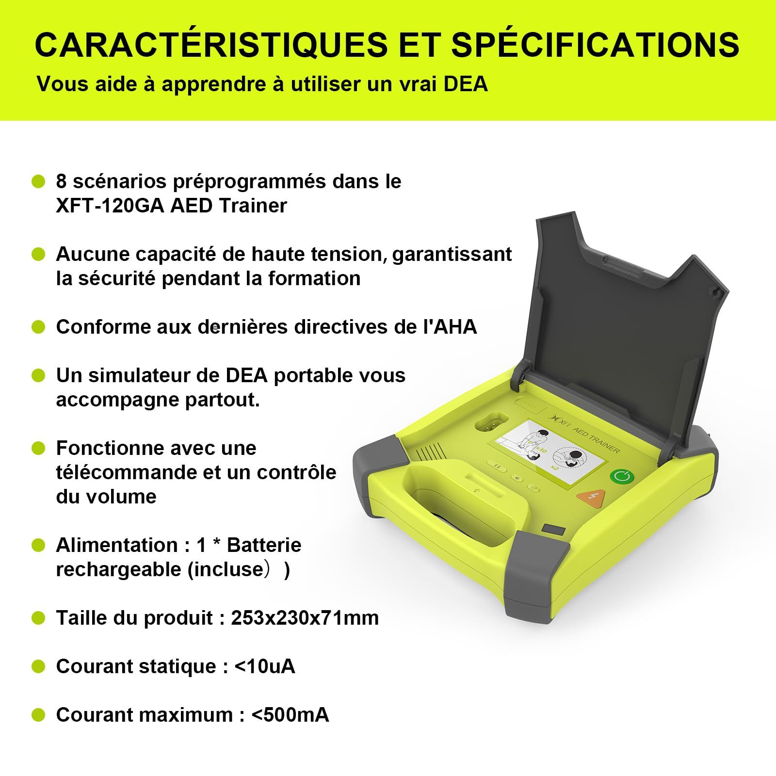 Rechargeable Défibrillateur de Formation, AED-Trainer XFT 120GA, Entraînement de Premiers Secours Pédagogique, 8 Scénarios Différents, Annonces Vocales en Français, Allemand, Espagnol et Italien