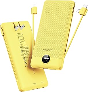 VEGER Portable Charger with Built-in AC Plug and Cables, All in One 10000mAh Ultra Slim Power Bank Travel Essentials, Fast Charging Battery Pack Compatible with iPhone, Samsung, Android (Yellow)