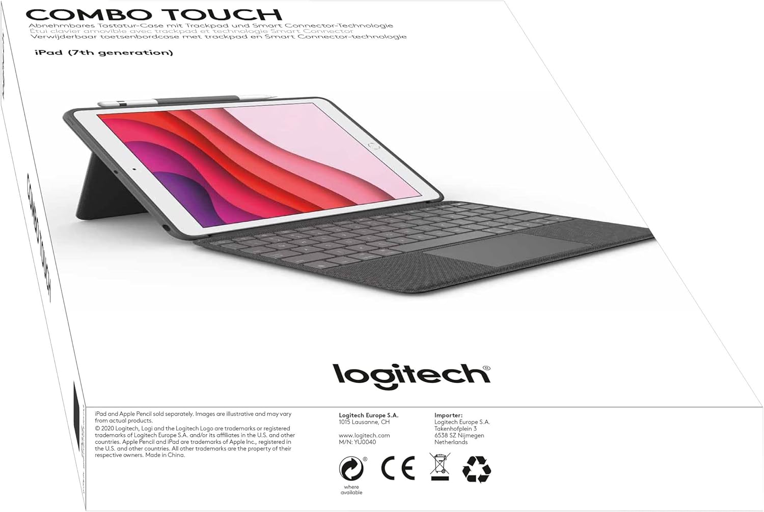 Logitech Combo Touch trackpad case for iPad (7th, 8th, & 9th gen) with Precision trackpad, QWERTY Spanish Layout - Black