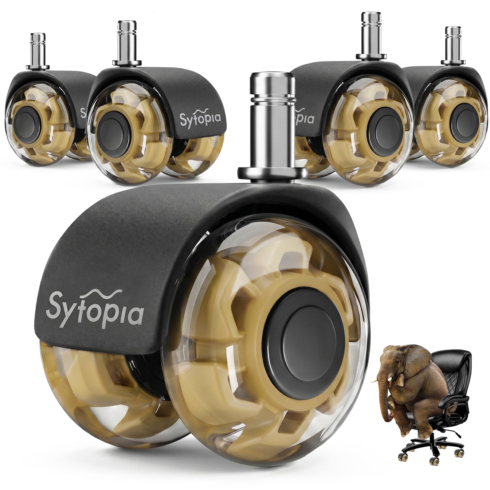 Sytopia Robuste Bürostuhlrollen für Hartholzböden und Teppiche, ersetzt Matte, Upgrade-Gummi-Ersatzrollen, universelles Zubehör, leise, glatte Computerstuhlrollen, Set mit 5 Stück, Gelb
