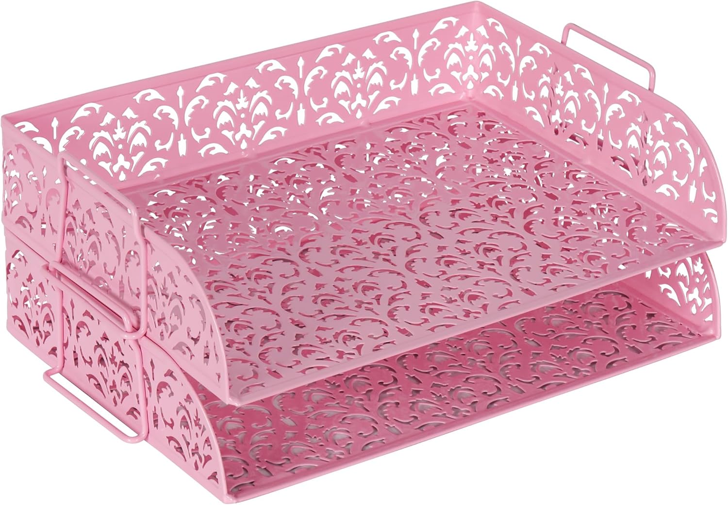 EasyPAG Paper Organizer for Desk 2 Tier Stackable Paper Tray for A4 Legal Size Folders Metal File Storage Desktop Organizer for Home Office School Teacher, Pink