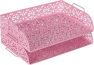 EasyPAG Paper Organizer for Desk 2 Tier Stackable Paper Tray for A4 Legal Size Folders Metal File Storage Desktop Organizer for Home Office School Teacher, Pink