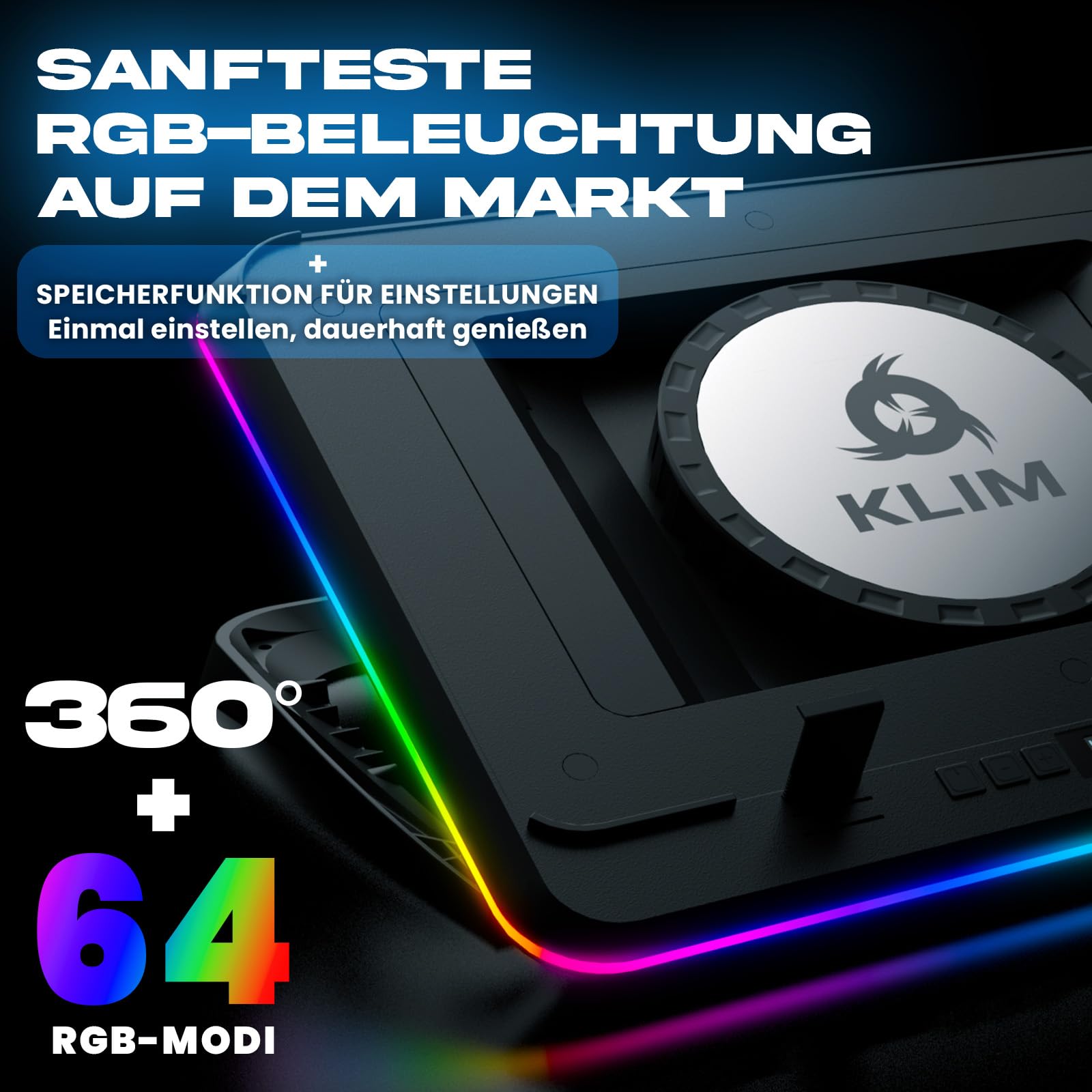 KLIM Turbofrost MAX RGB Laptop-Kühlpad, Gaming-Laptop-Kühler mit Turbofan XL, Kühlung, 15,6-17 Zoll, Inlay-System für optimalen Luftstrom, einstellbare Geschwindigkeit, LCD-Bildschirm
