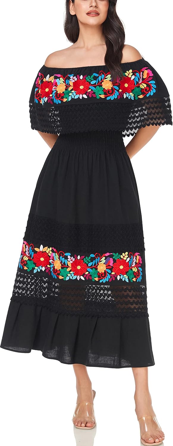 YZXDORWJ Women Embroidered Mexican Peasant Casual Sexy Lace Off-Shoulder Long Dress - Image 5