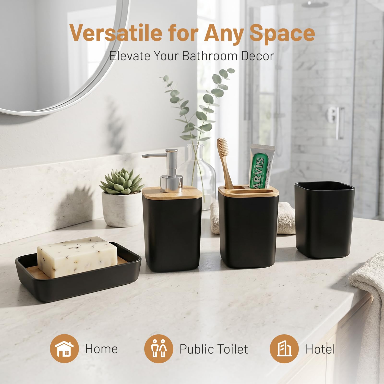 6 teilig Badezimmer Zubehör Set Modern - Badezimmerset Bambus Luxuriösem Kunststoff - Badezimmer Set mit Seifenspender Zahnputzbecher Becher WC Bürste Seifenschale Mülleimer (Schwarz)