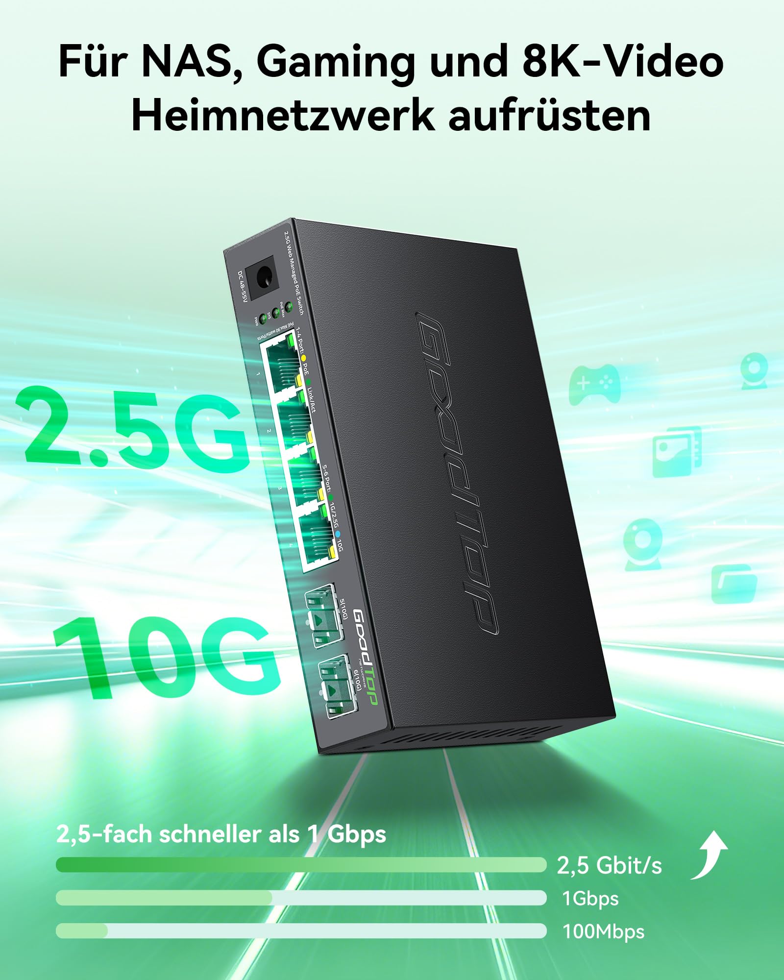 2.5 Gbit Managed PoE++ Switch 6-Port: 4 x 90W PoE 2 x 10G SFP+, 105W Budget | IEEE 802.3bt | 4x 2,5G PoE++ & 2x 10G SFP+ | VLAN/LAG/QoS/DHCP | Lüfterlos | Metallgehäuse | Für Wi-Fi 7 APs, Kamera