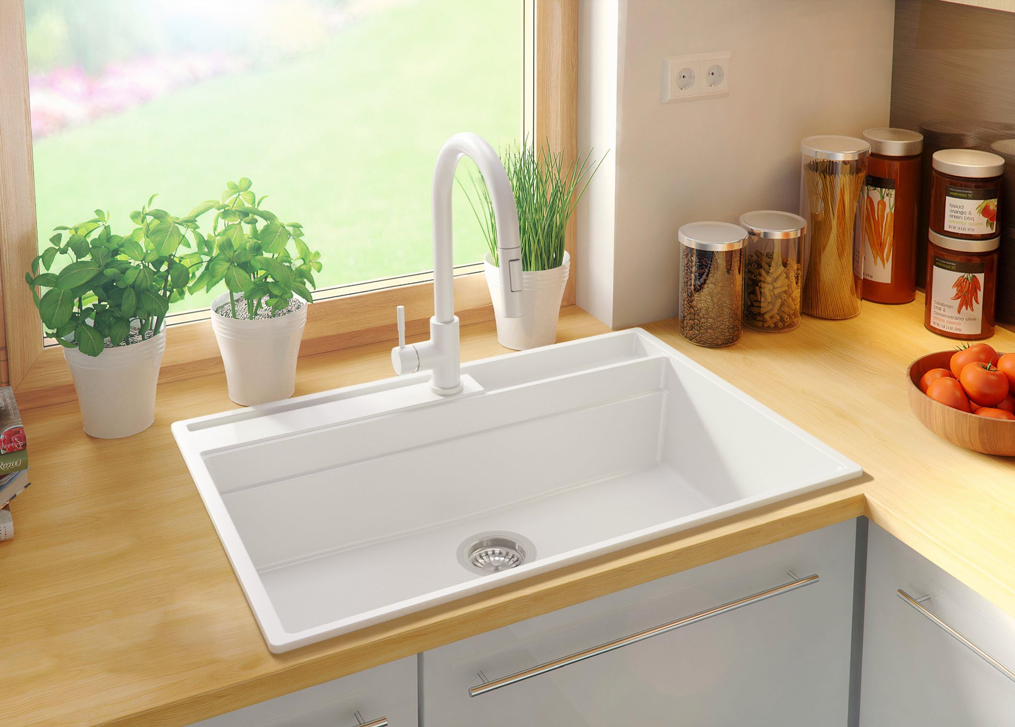 PRIMAGRAN Lavello da Cucina Bianco 78x53cm, Lavandino in Granito a 1 vasca + Sifone Classico, Lavabo da Cucina Incasso al Mobile 80cm - Oslo Pocket S336