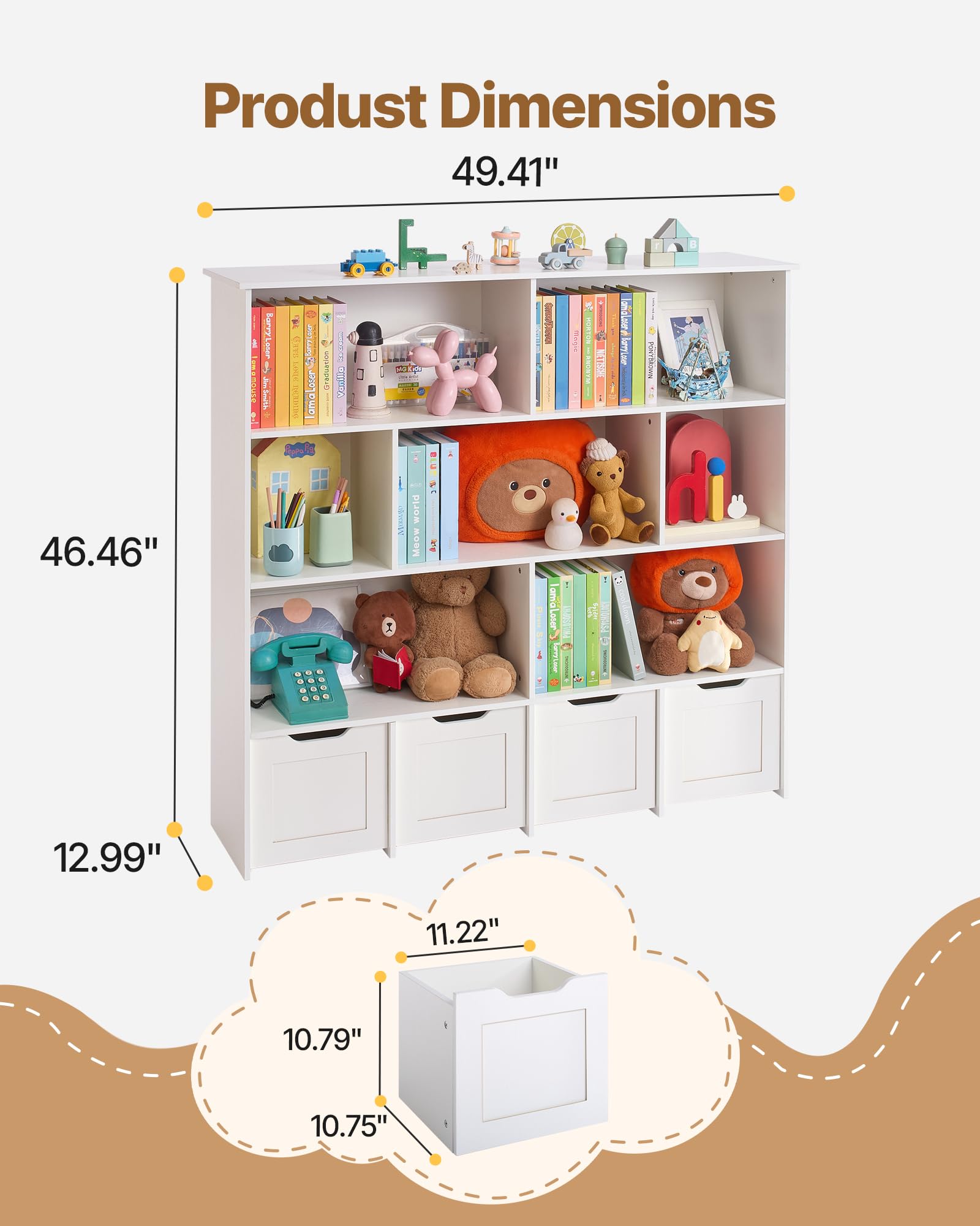 VEVOR Kinderregal Bücherregal aus Holz mit Stauraum, Spielzeugschrank mit 4 mobilen Schubladen, Aufbewahrungsschrank für Spielzeug, Spielzeugregal für Schlafzimmer Kinderzimmer Wohnzimmer, weiß