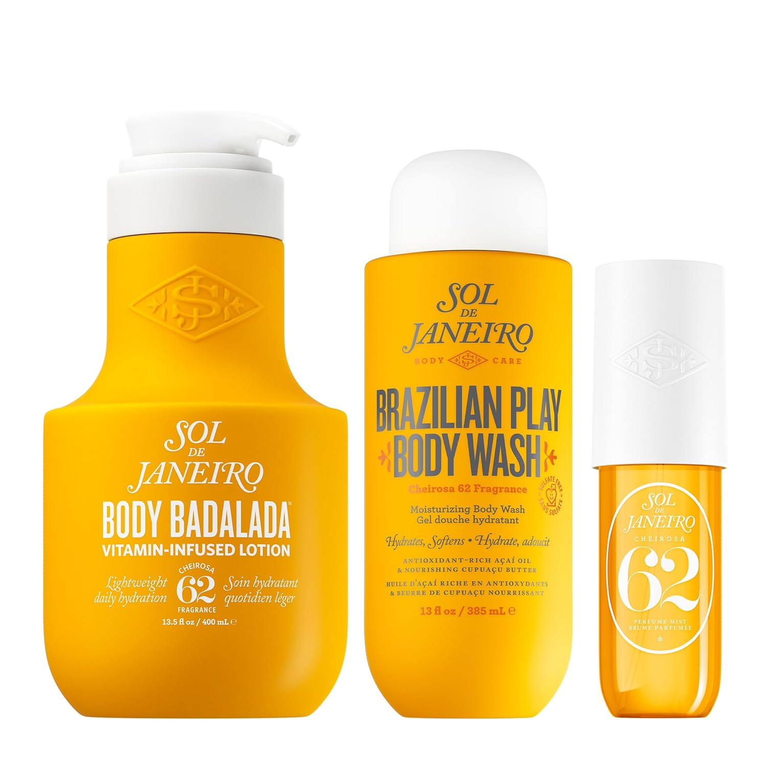 Sol de Janeiro Non-Stop Hydration Bundle - Brazilian Play Body Wash 13 fl oz, Body Badalada Vanilla Lotion, Cheirosa 62 Perfume Mist 3 fl oz - Amazon Exclusive
