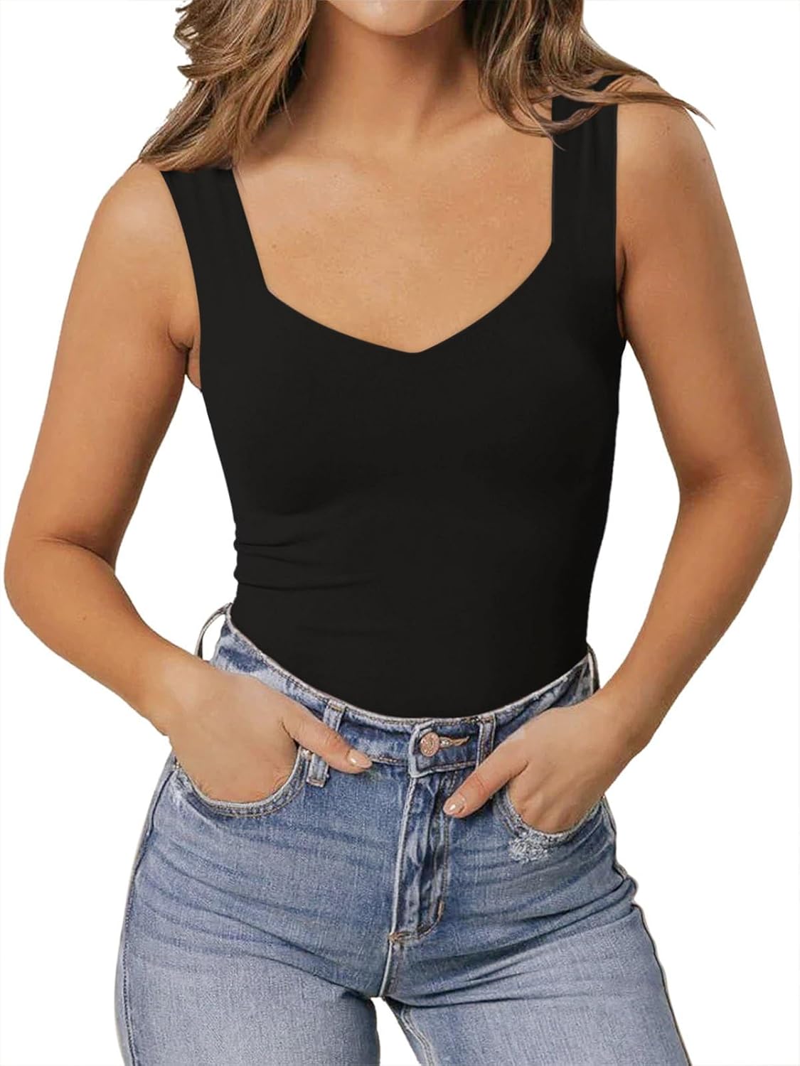 PINKMSTYLE Women's Basic Double Lined V Neck Tank Tops Sleeveless Shirts Slimming Summer Tops - Image 4