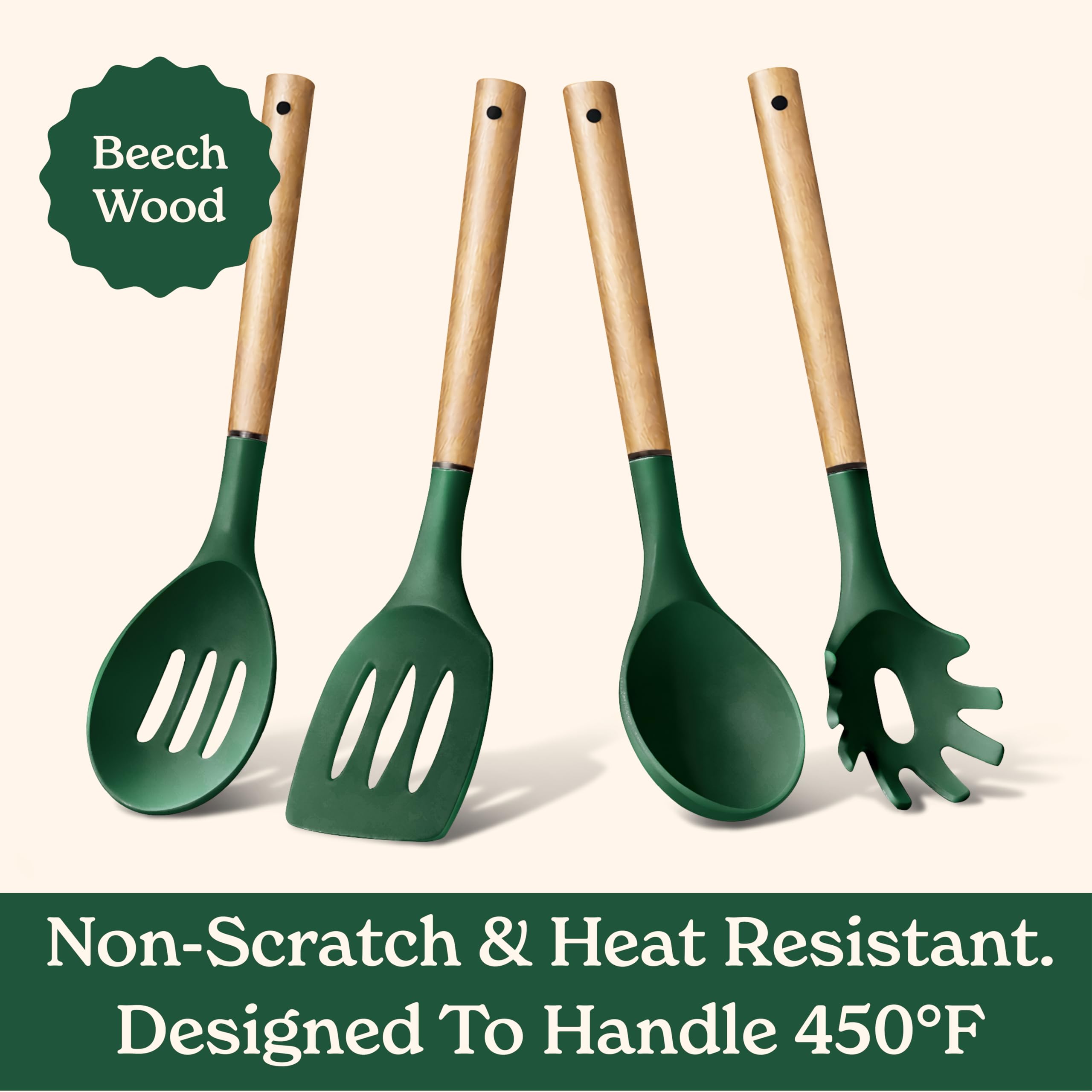 Country Kitchen Antihaft-Silikon-Utensilien-Set mit abgerundeten Holzgriffen zum Kochen und Backen, 8-teiliges Set, Grün