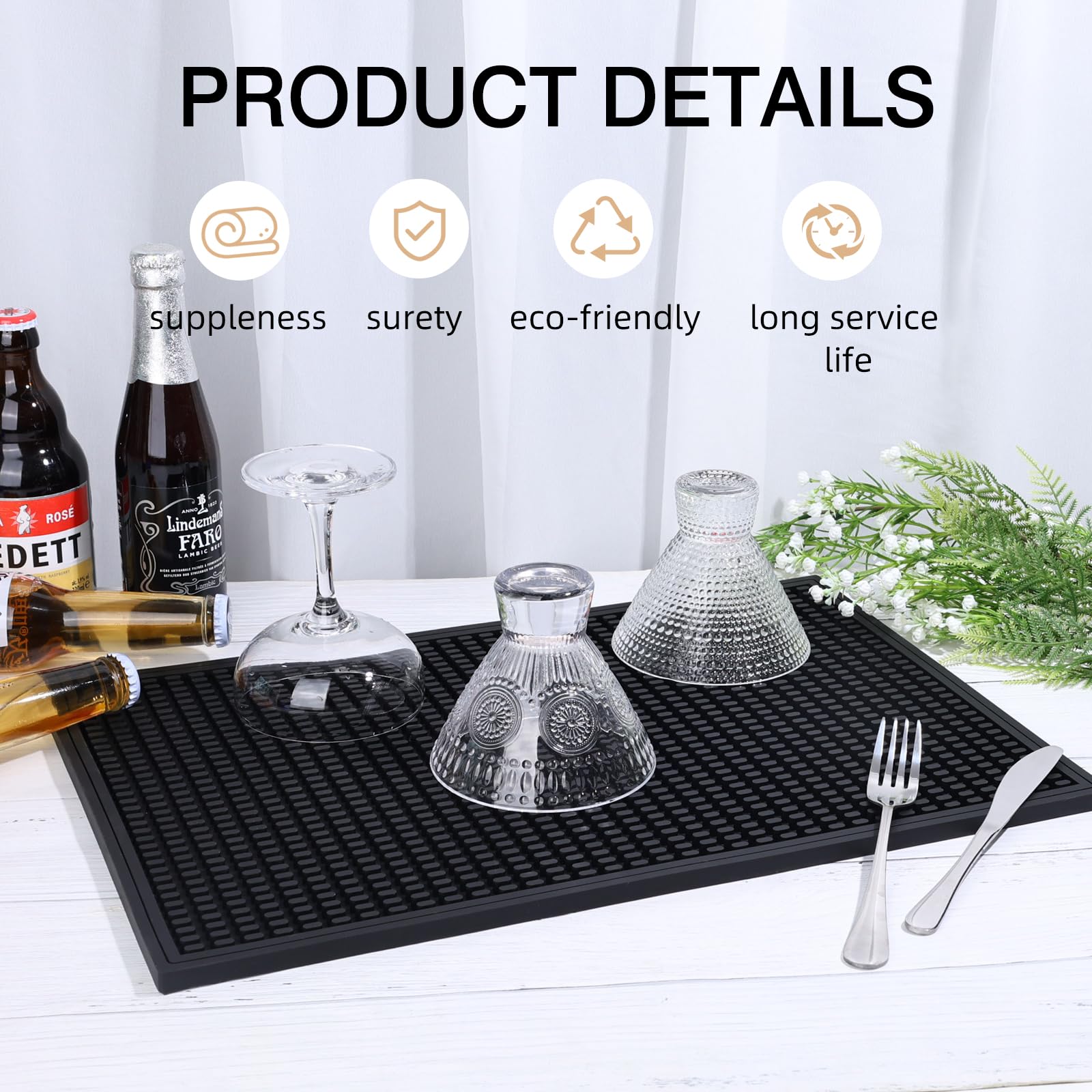 Bar Mat for Countertop Bartending 18 x 12 Inch Rubber Silicone Bar Mat for Home Bar Coffee Large Particle Non-Slip Mat for Kitchen (Black)