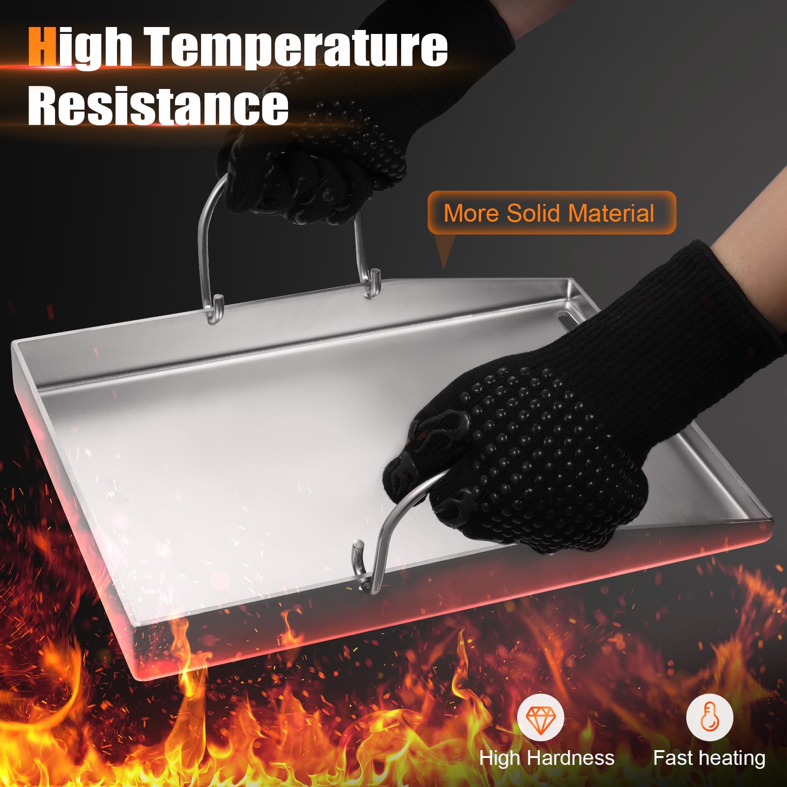 40x30cm Plancha Grillplatte Set, 2 Spachteln + 1 Paar Grillhandschuhe, 4mm Dicke Grillplatte Gasgrill mit Fettablauf, Grillschale Edelstahl für Gas und Holzkohlegrills