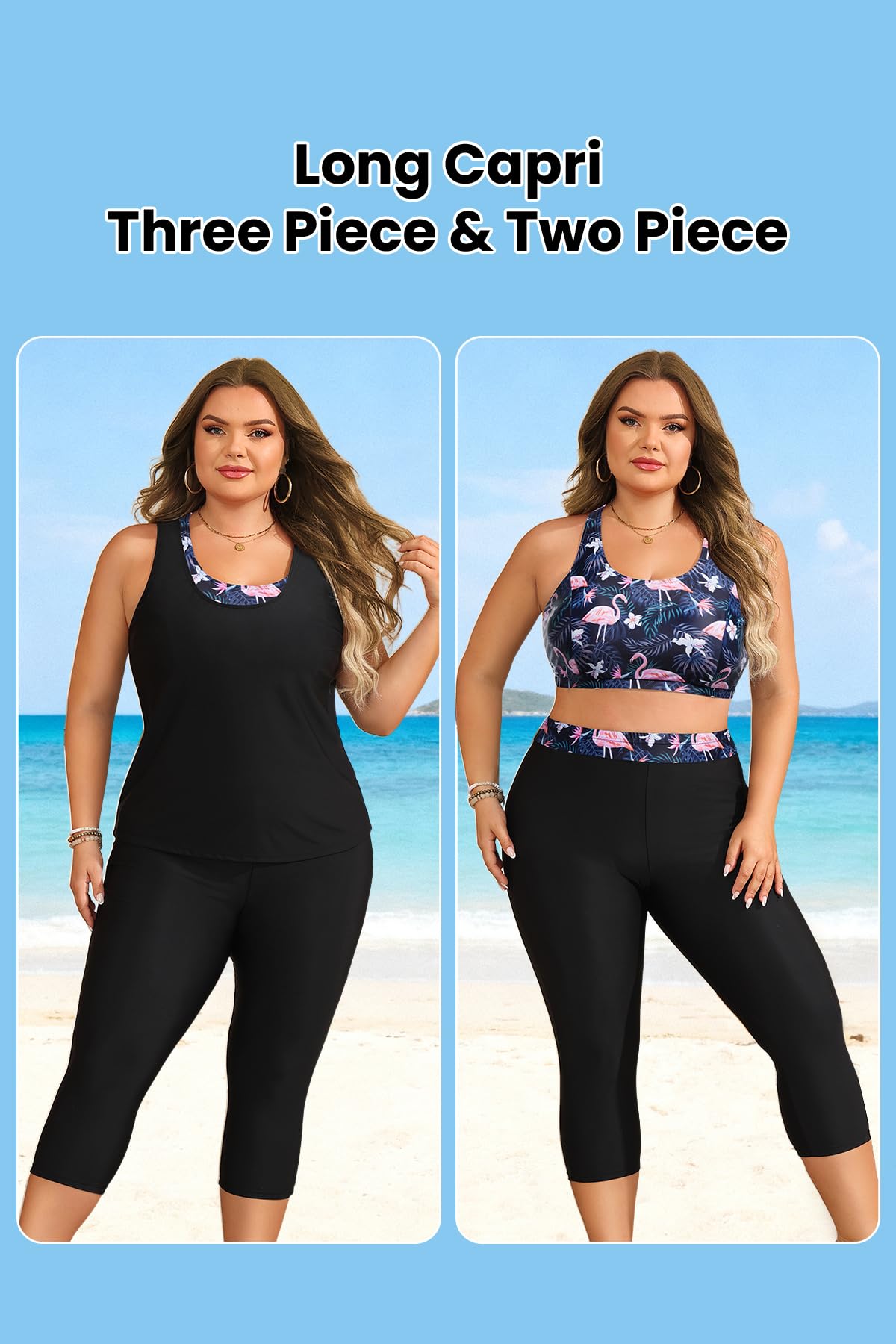 Yonique 3-teilige Badeanzüge in Übergröße für Damen, Tankini-Tops mit Sport-BH und Schwimm-Capri, athletische Badeanzüge