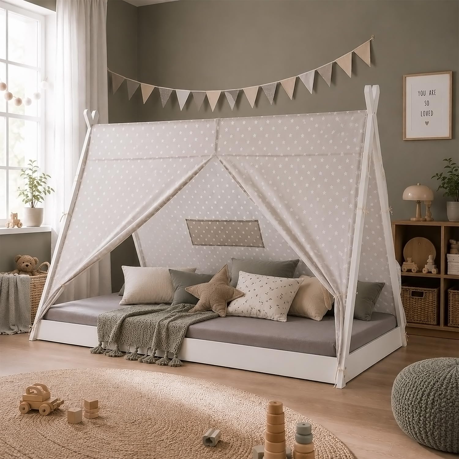 Homestyle4u Tipibett Kinderbett 90x200 Bodenbett mit Sternenzelt | Montessori Holzbett für Kinder, Kiefernholz weiß, abnehmbares Baumwollzelt grau mit Sternen, inkl. Lattenrost