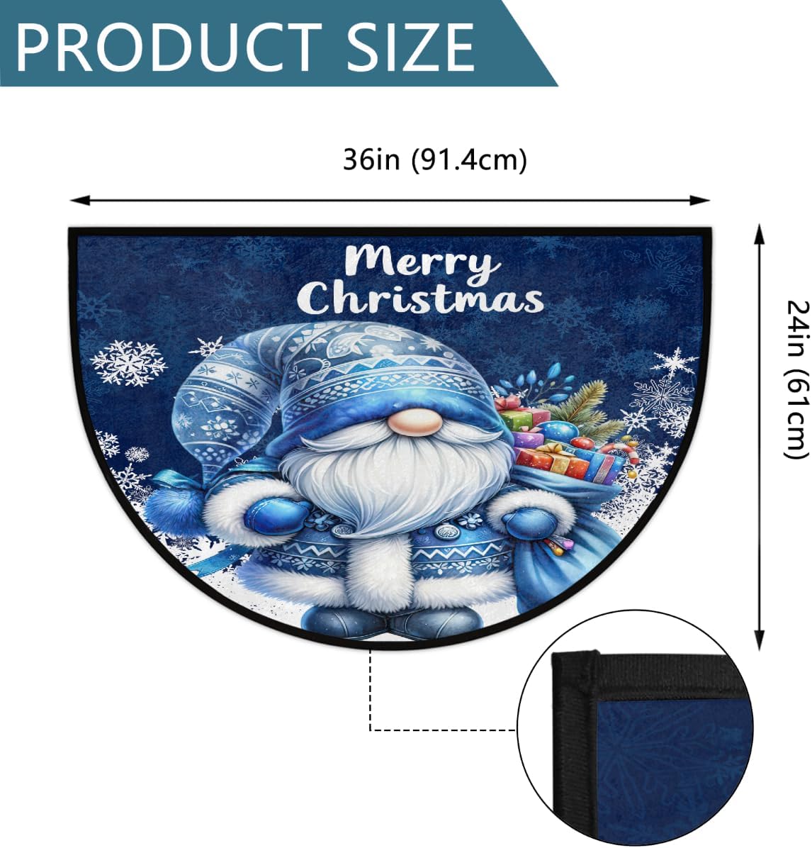 Half Round Door Mat Gnome Christmas Blue Non Slip Absorbent Semi Circle Area Rugs Washable Half Moon Floor Mats for Indoor Patio Kitchen Bathroom Entryway Fireplace Home Carpet Decor