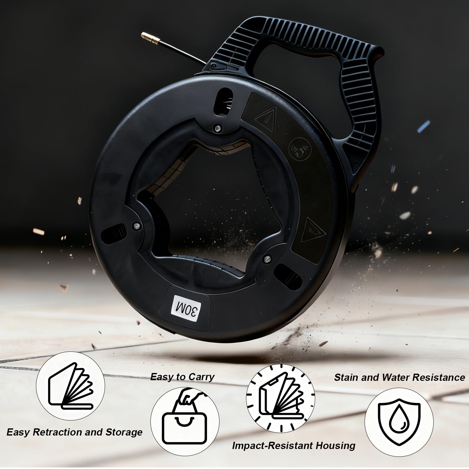 Sonda Passacavi in Fibra di Vetro 30m Sonda Elettricista Fish Tape 3,8mm Sonda Tiracavi Cavo Estrattore Cavi incl. 6 Adattatori Per Cavi Elettrici Tubi Vuoti Sonda Elettricista Infrangibile