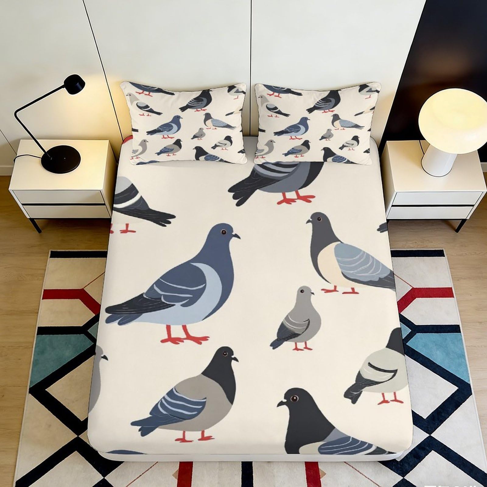 3D Printed Cartoon Pigeon Fitted Sheet Microfiber Soft Breathable Bird Pattern Mattress Cover for Bedroom Dorm Room Decor 160x200x25cm