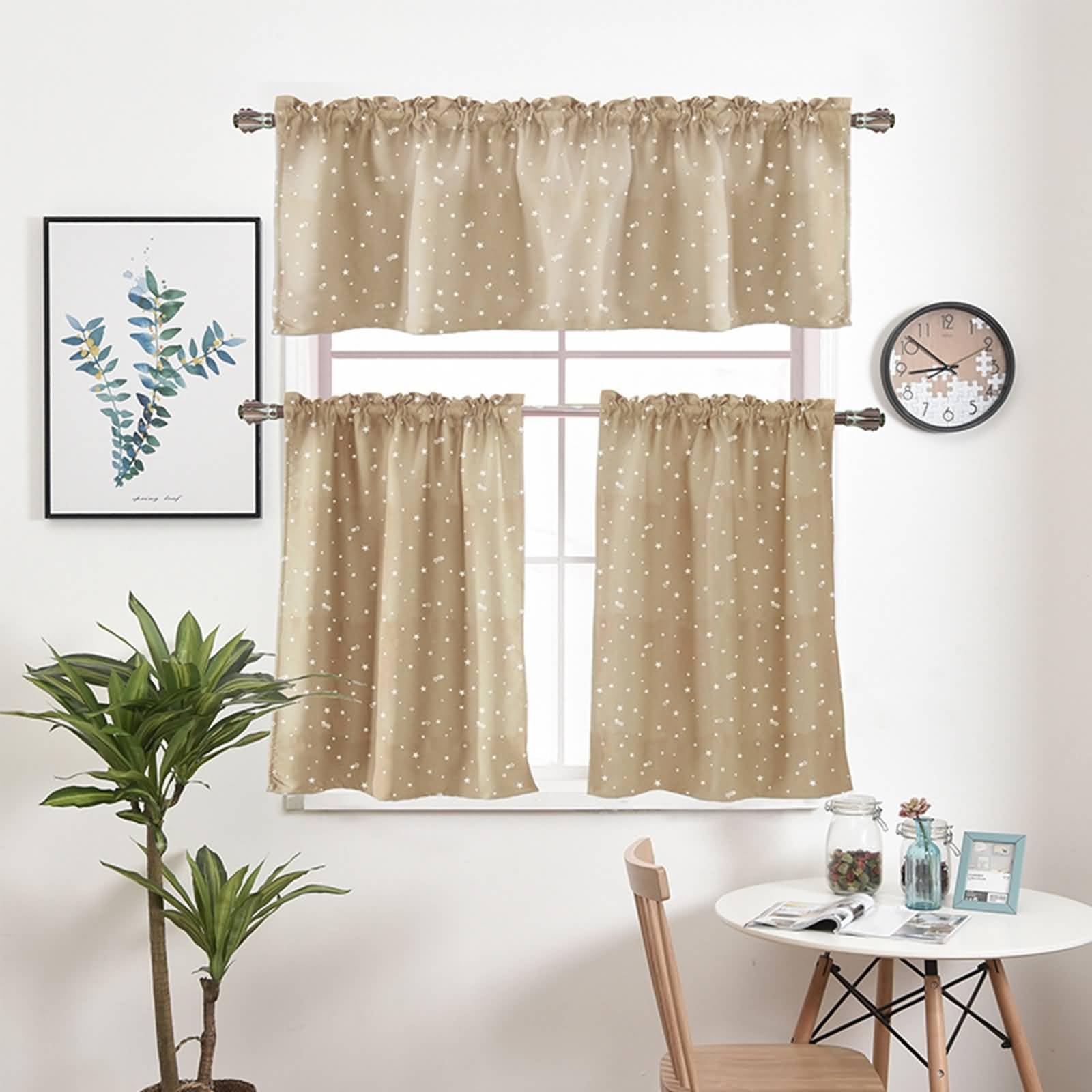 Gardine Verdunkelnd Thermo, 2 Stück Stangentasche Kurz Gardinen Küche Fenster Vorhänge Wohnwagen Sternmuster aus PolyesterKhaki, 74x90cm