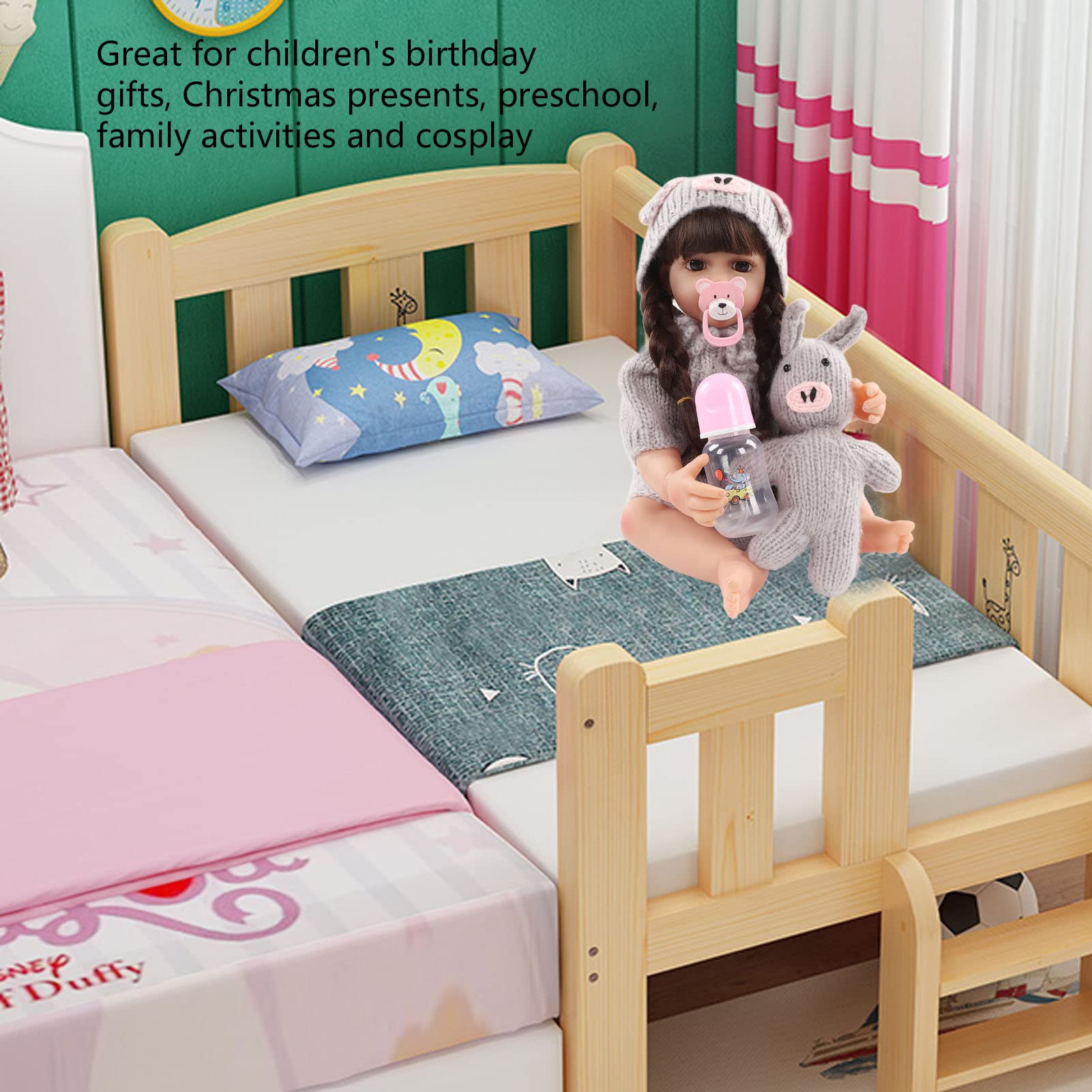22 Zoll lebensechte Neugeborene Babypuppe, Ganzkörper-Silikon, handgefertigt, realistisches Babypuppen-Set mit Schnuller, Milchflasche, Schuhen für Rollenspiele, Sammlerstück,