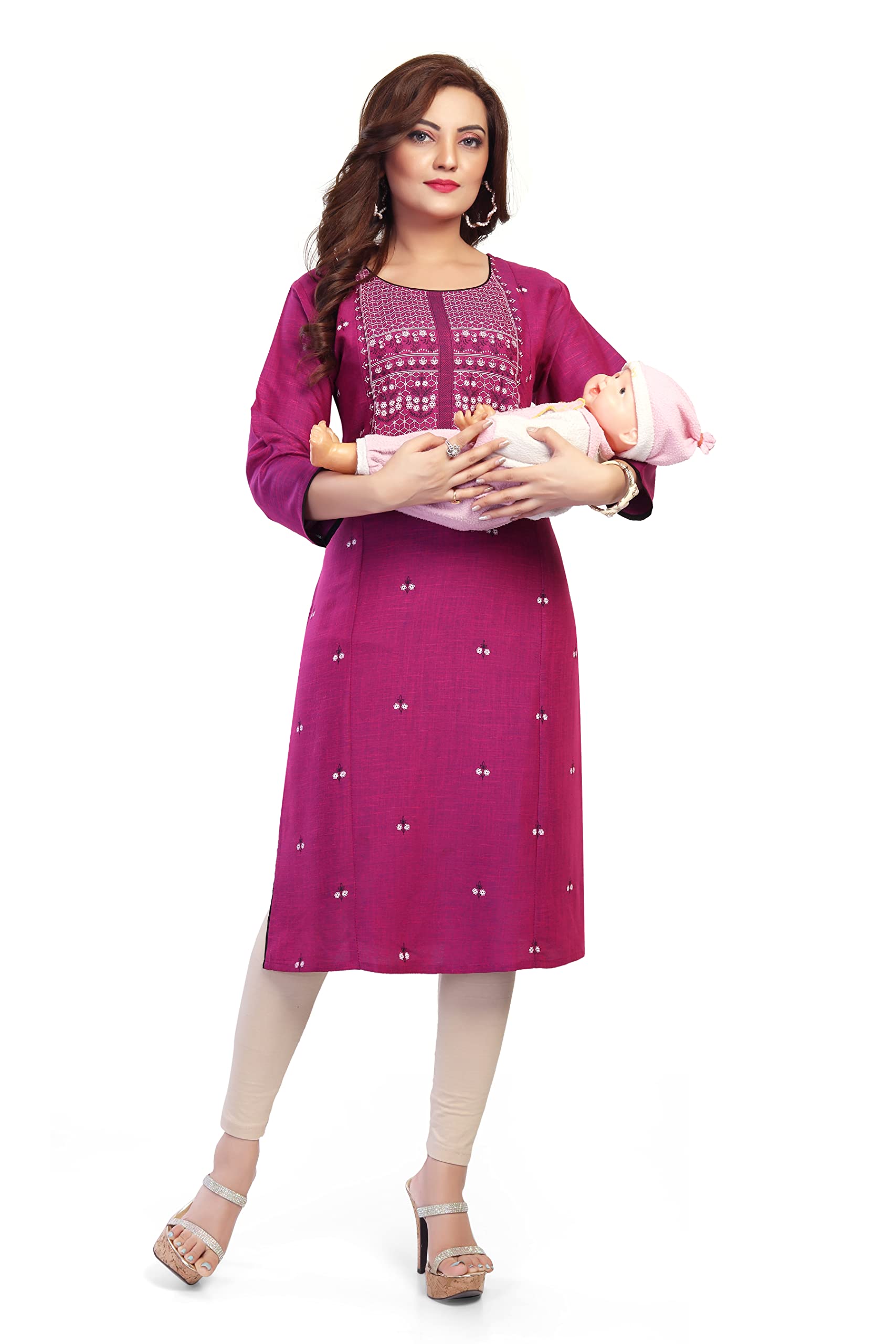 Mom&Bae Women's Cotton Rayon Printed Straight Maternity & Feeding Kurti with Concealed Zip-picture-10