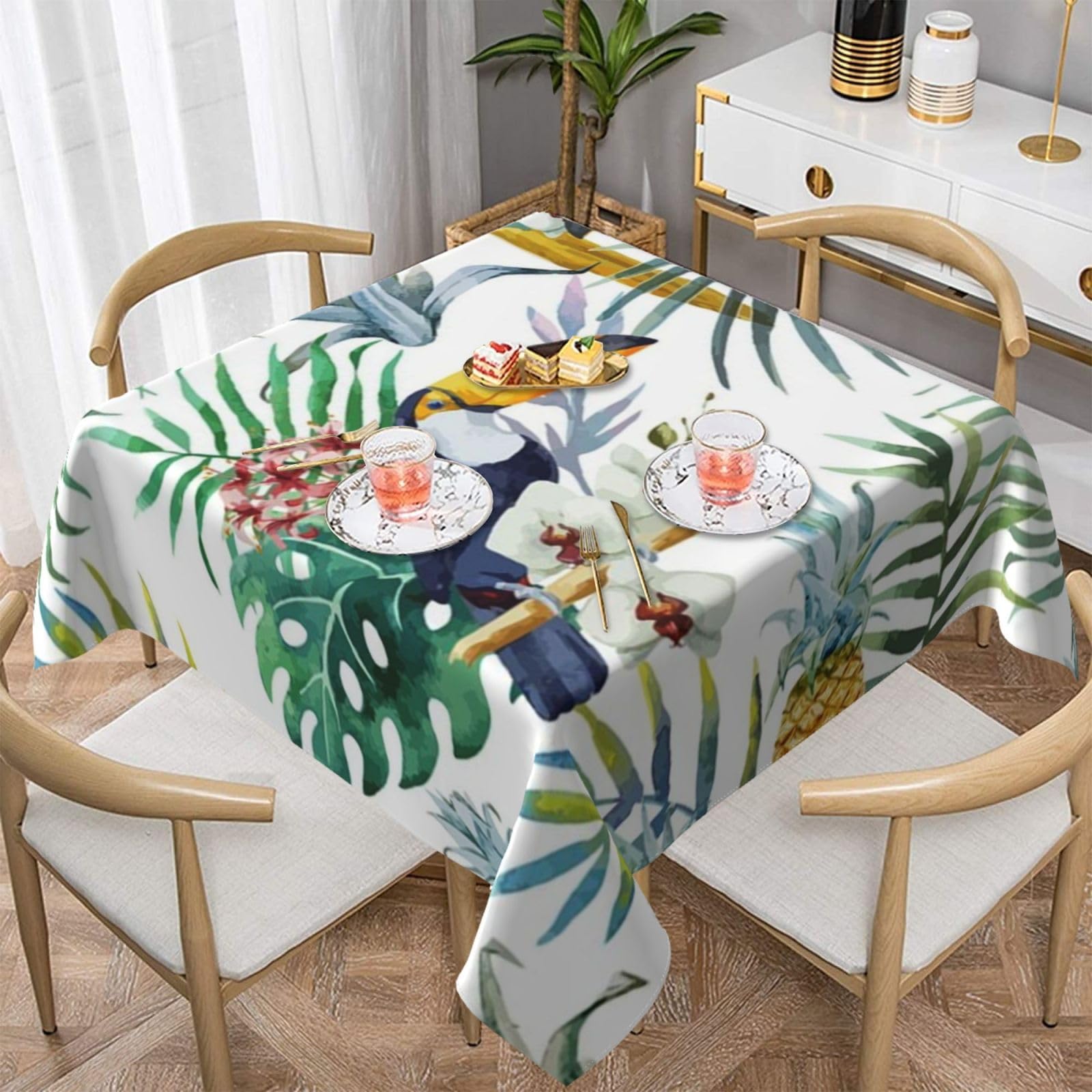 DCEHGEW Tropical Leaves Bird Prints Square Tablecloth 152x152 CM, Waterproof Fabric Table Cloth for Dining Table, Farmhouse Table Cover for Kitchen Dining Tabletop Decoration