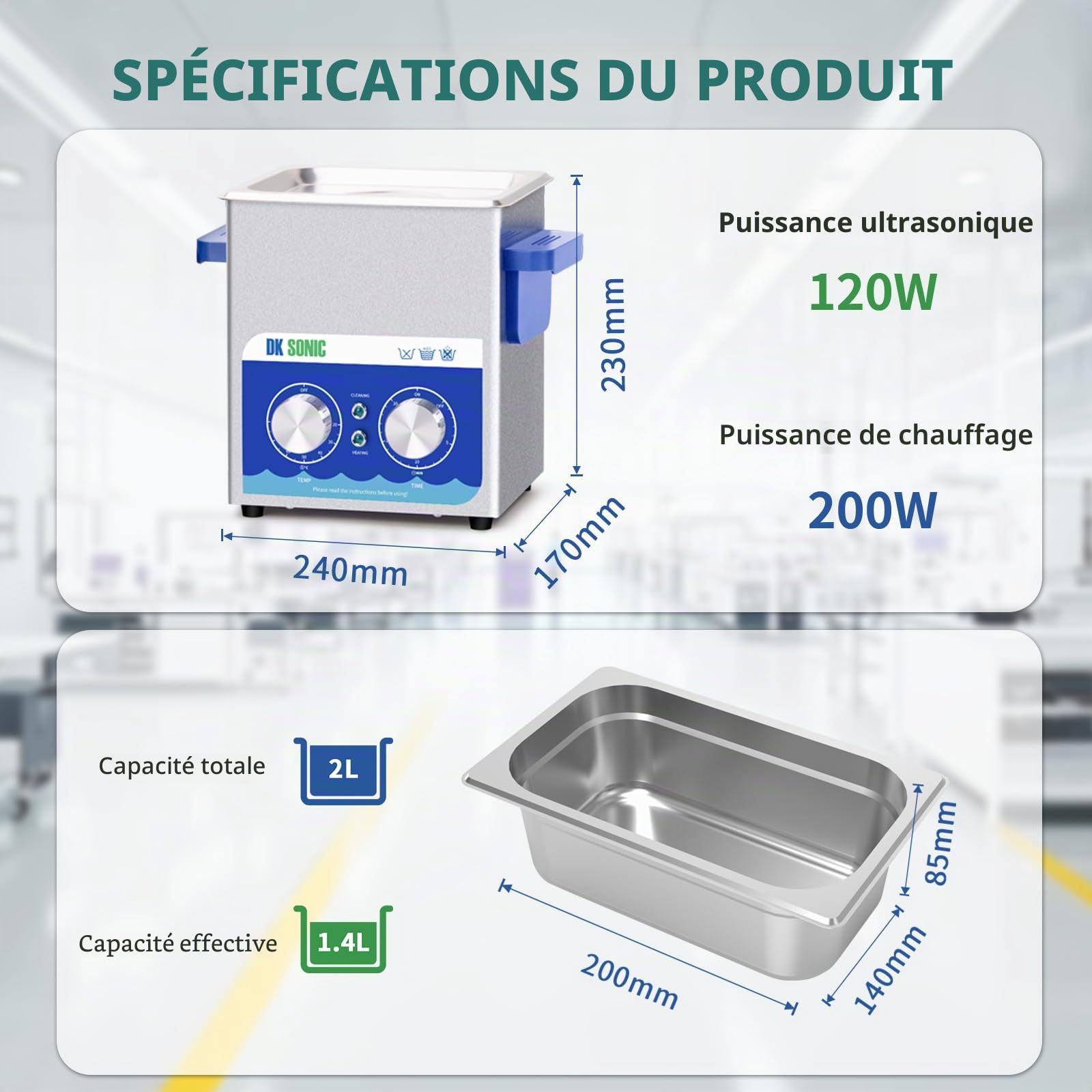 DK SONIC Nettoyeur à Ultrasons, Nettoyeur De Bijoux à Ultrasons 60W 2L avec Chauffage Et Minuterie Mécanique pour Le Nettoyage des Bijoux, des Verres, des Pièces De Monnaie (Panier Inclus)