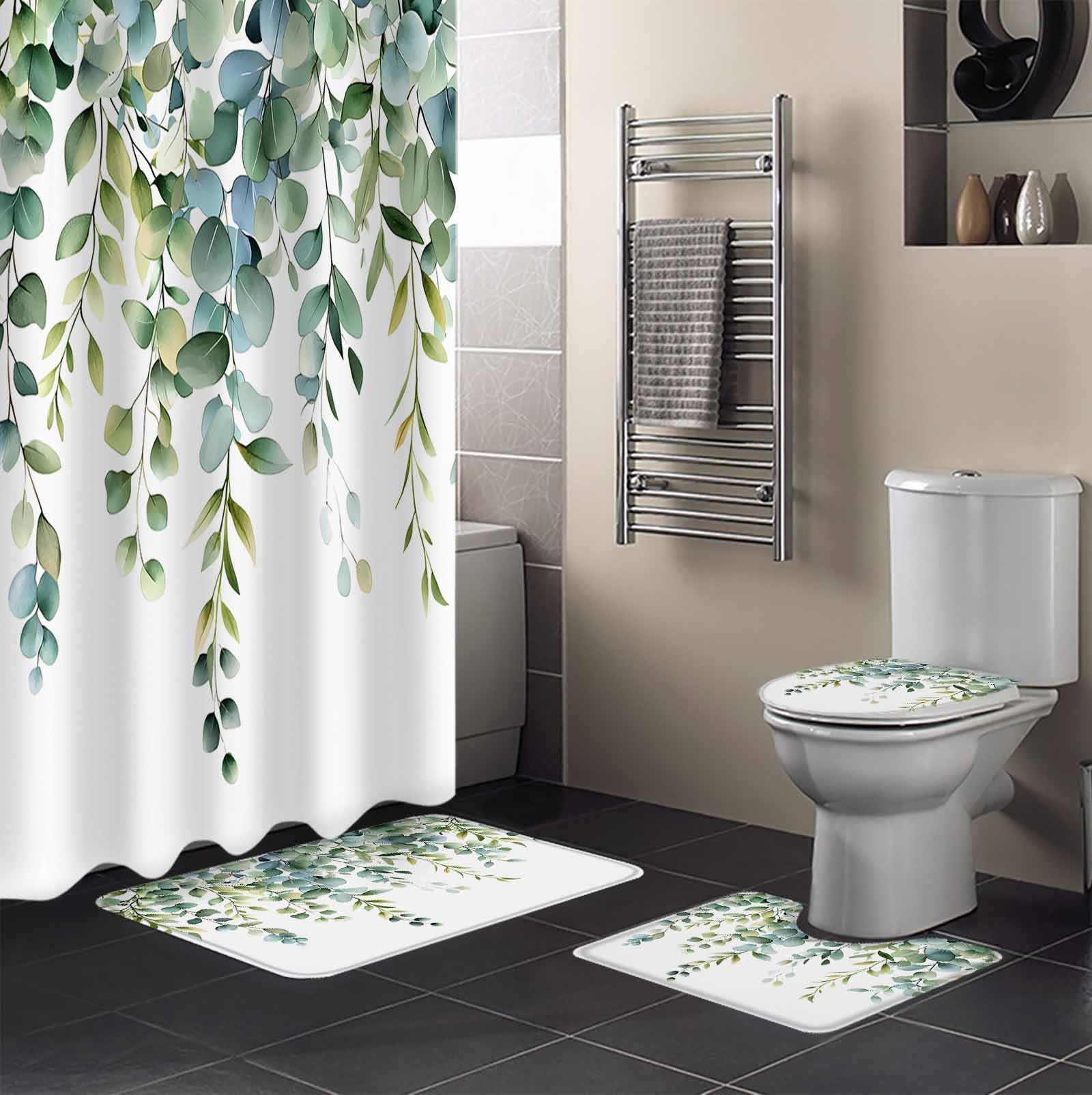 Eucalyptus Green Bathroom Set with Shower Curtain and Rug Accessories - 36x72 Inches Long Gradient Leaves Retro Watercolor Plant Stall Curtain Waterproof with Large Bath Mat,Washable Runner Rug Set