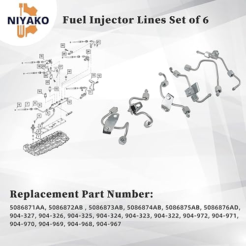 Miniatura 3 de Niyako 6 piezas de repuesto de líneas de suministro de inyector de combustible # 5086872AB 5086871AA 5086873AB 5086876AD Fit 2003-2009 Ram 2500 3500