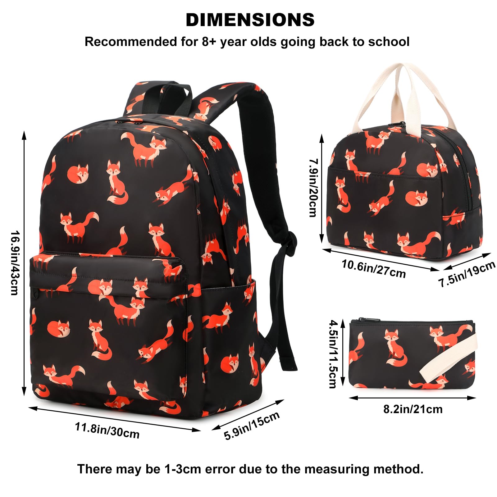 Mochila para niños y adolescentes, juego de mochilas escolares con bolsa de almuerzo y estuche para lápices, Zorro, Moderno