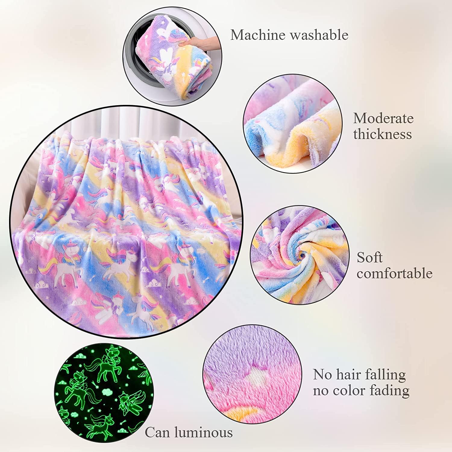 Unicorn Glow in The Dark Blanket for Girls,Unicorns Gifts Toys for Girls,Soft Blanket Age for 2 3 4 5 6 7 8 9 10 Year Old,Gifts for Grandkids Teens for Christmas Birthday Gifts Presents,50''x60''