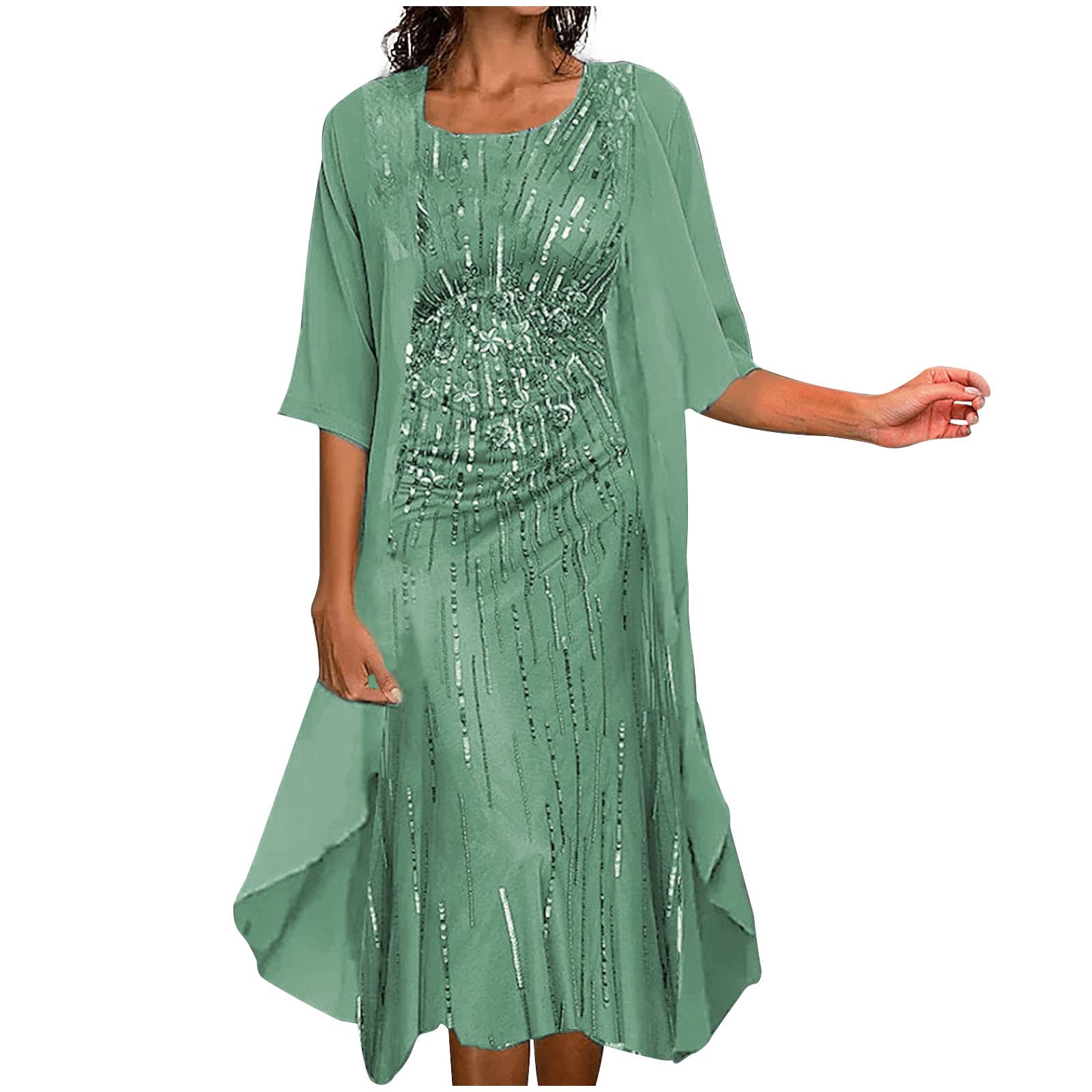 Robe de soirée élégante pour femme - Couleur unie - Broderie - 2 pièces - Robe de bal sans manches avec col rond + cardigan uni - Longueur genou - Robe de cocktail - Robe de bal - 5XL