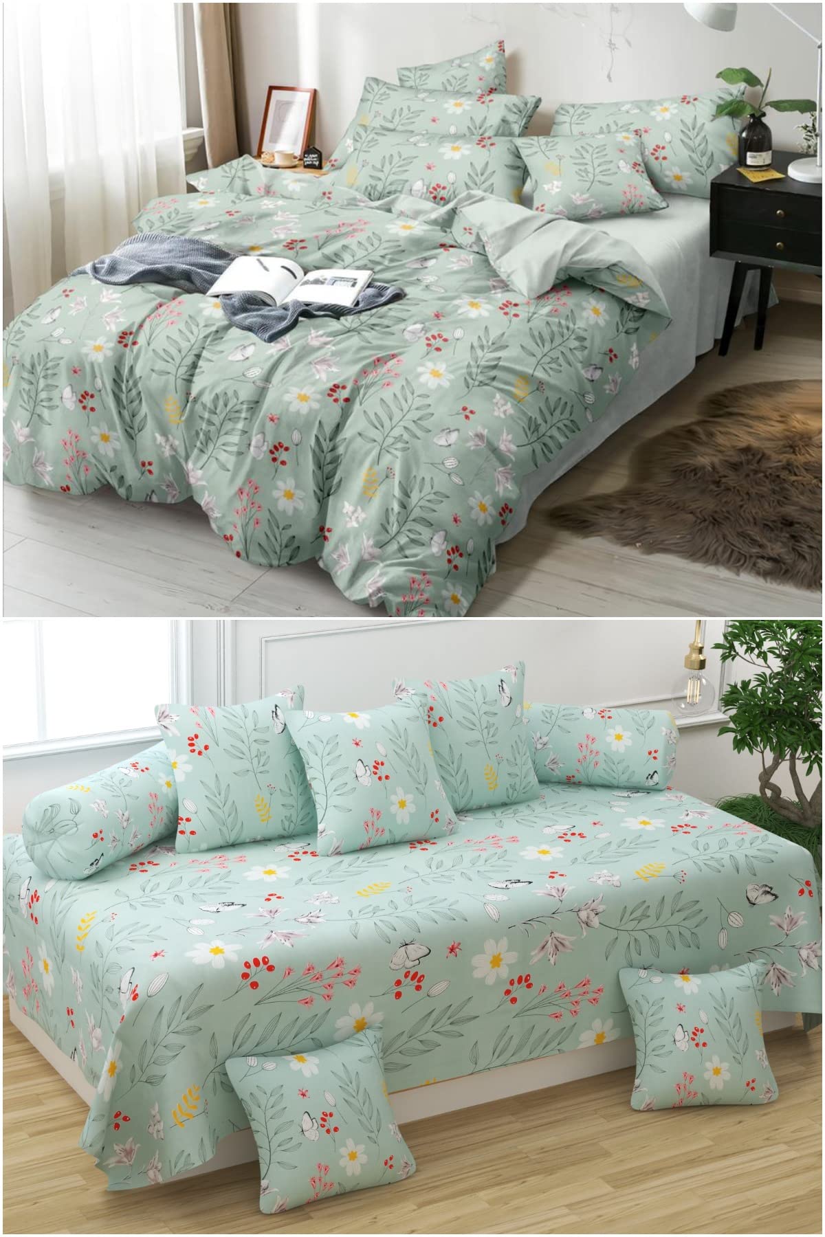 CHHILAKIYA Bedsheet Combo Set (1 Double Bedsheets with 2 Pillow Covers & 1 Diwan Set with 1 Single Bedsheet, 2 Bolster Covers & 5 Cushion Covers). (Multicolor-3)