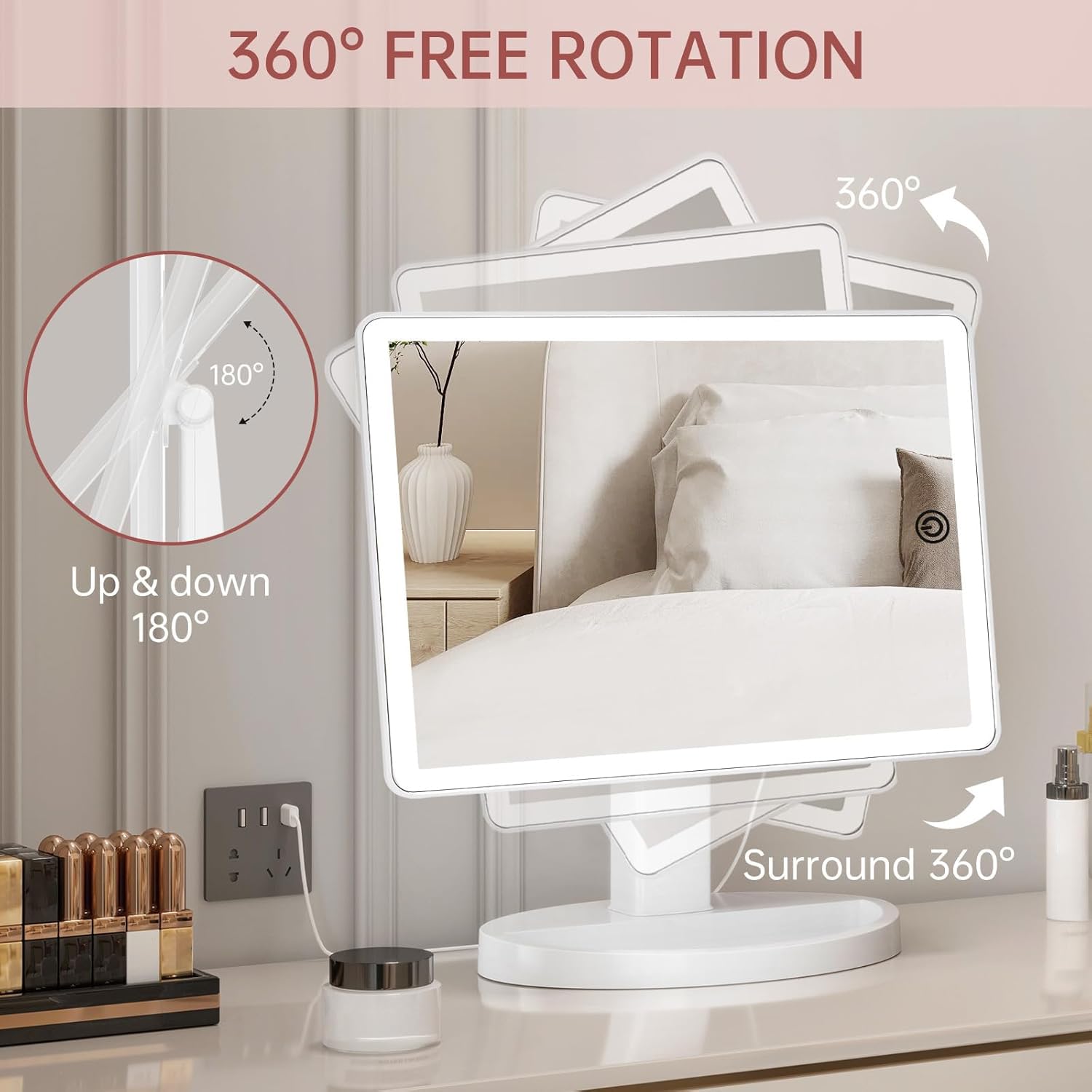 Large Lighted Makeup Mirror with Light, 3 Color Lighting Modes Light up Mirror with 88 LED, 10X Magnifying and 360° Rotation, Dual Power Supply, Touch Screen Tabletop Vanity Make Up Mirror Updated