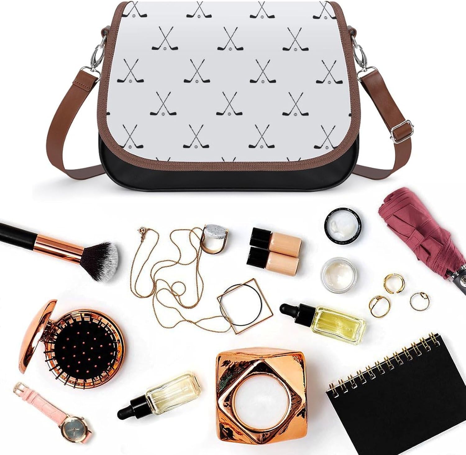 Hockey Stick PatternWomen's Faux Leather Crossbody Bag, Waterproof Wrinkle-Resistant Shoulder Bag with Detachable Strap, Large Capacity Casual Handbag, Fashion Daily Purse for Shopping Work Dating, Id