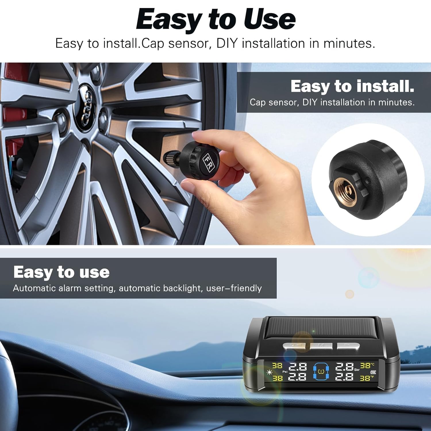 TPMS - Sistema di controllo della pressione degli pneumatici, 4 x sensore di pressione degli pneumatici, senza fili, a energia solare, USB, con display LCD, gamma di pressione: 0-6 bar, per