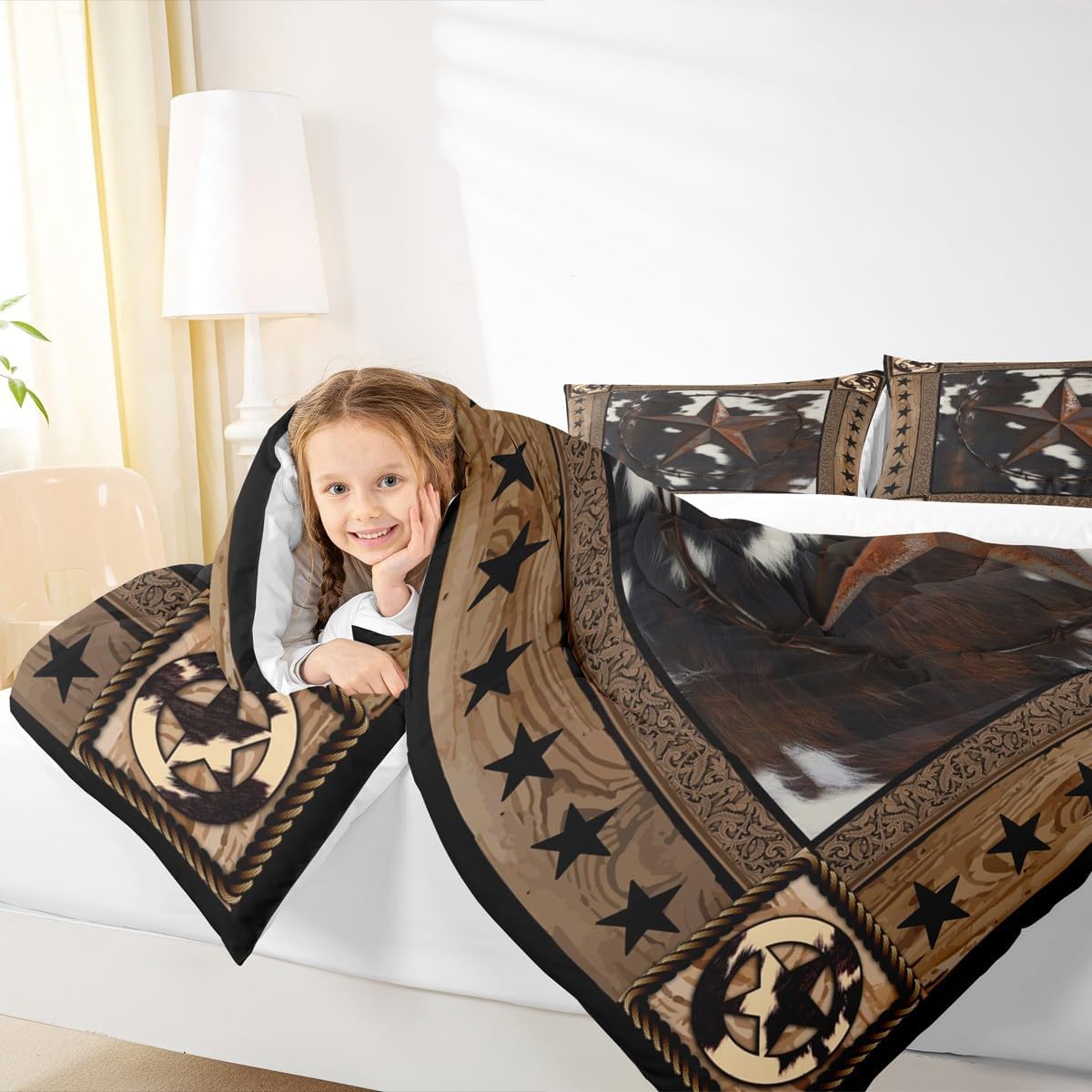 Homewish Abstract Cow Fur Print Kids Comforter Set King Size,Boys Girls Adults Xmas Decor,Western Stars Wooden Board Down Comforter,Rustic Farmhouse Bedding Set,Brown Retro Duvet Insert,2 Pillowcases