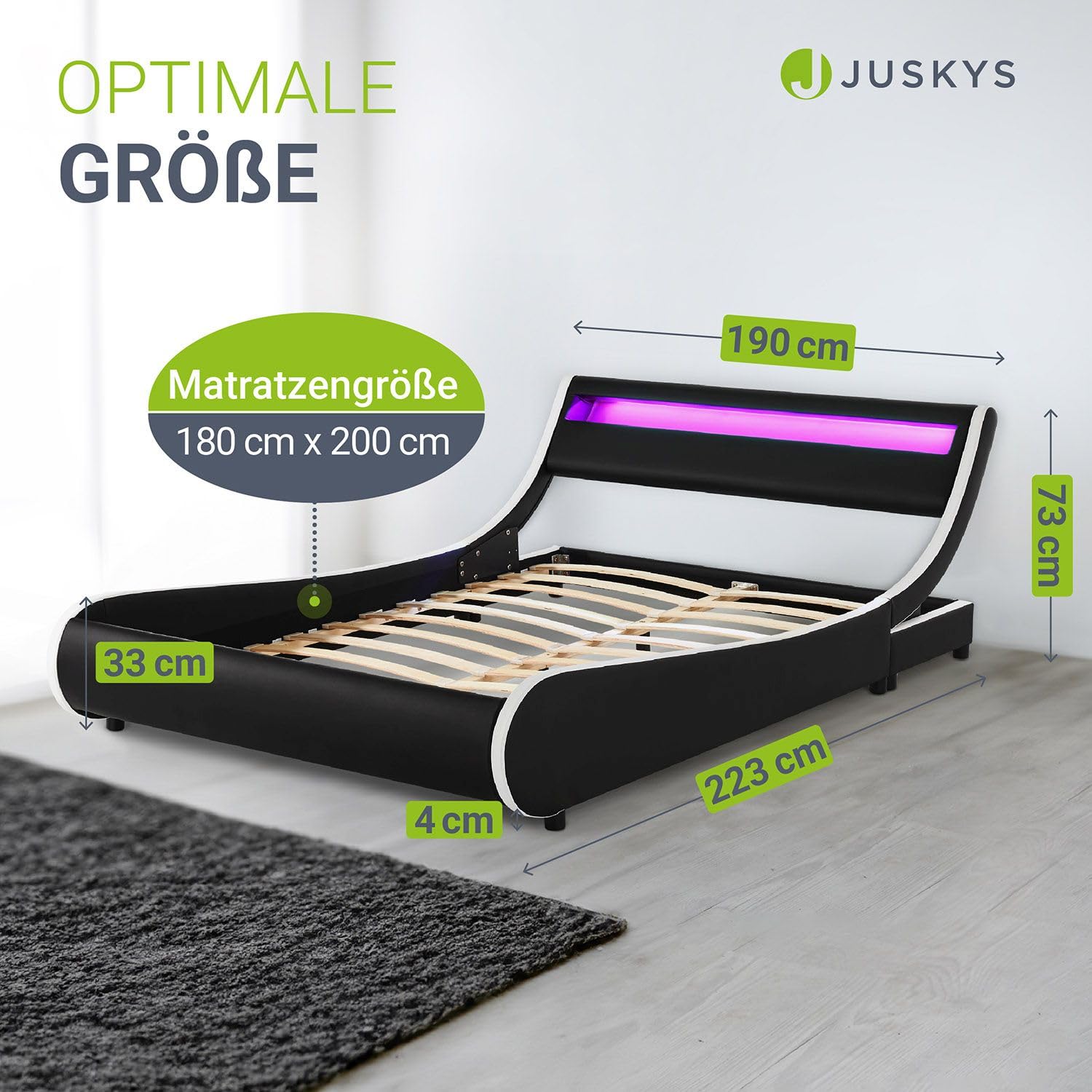 Juskys Polsterbett Valencia 180x200 cm komplett mit Matratze, LED Beleuchtung, Lattenrost & Kopfteil - Bett Doppelbett - schwarz