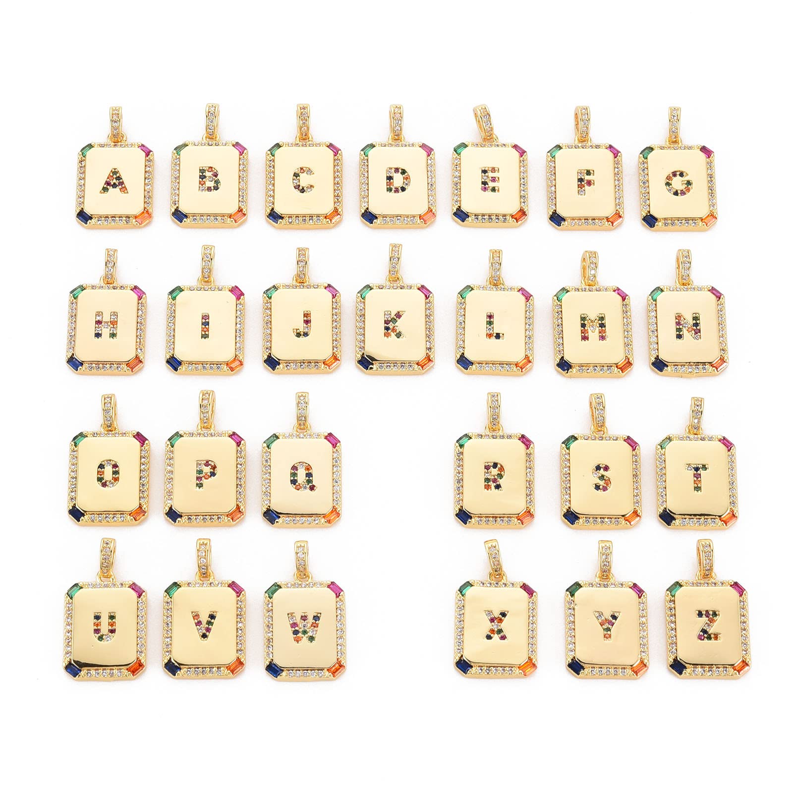 PandaHall 26pcs Cubic Zirconia Alphabet Charms Pendants 18K Gold Plated Rectangle with Letter A~Z Charms Initial Beads for DIY Necklace Bracelet Jewelry Making, 18.5x13x2.5mm